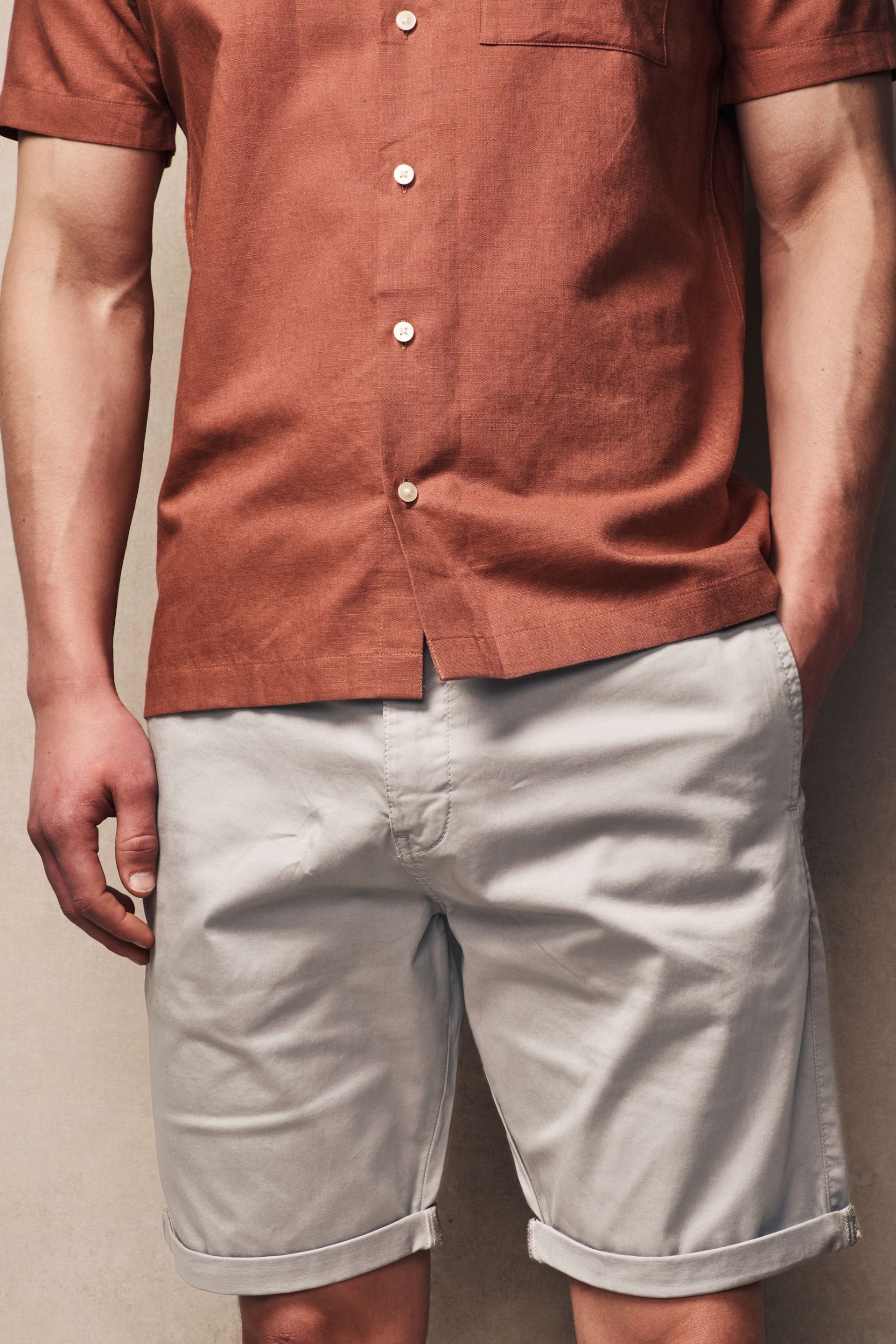 Light Grey Slim Fit Premium Laundered Stretch Chino Shorts - Image 1 of 9