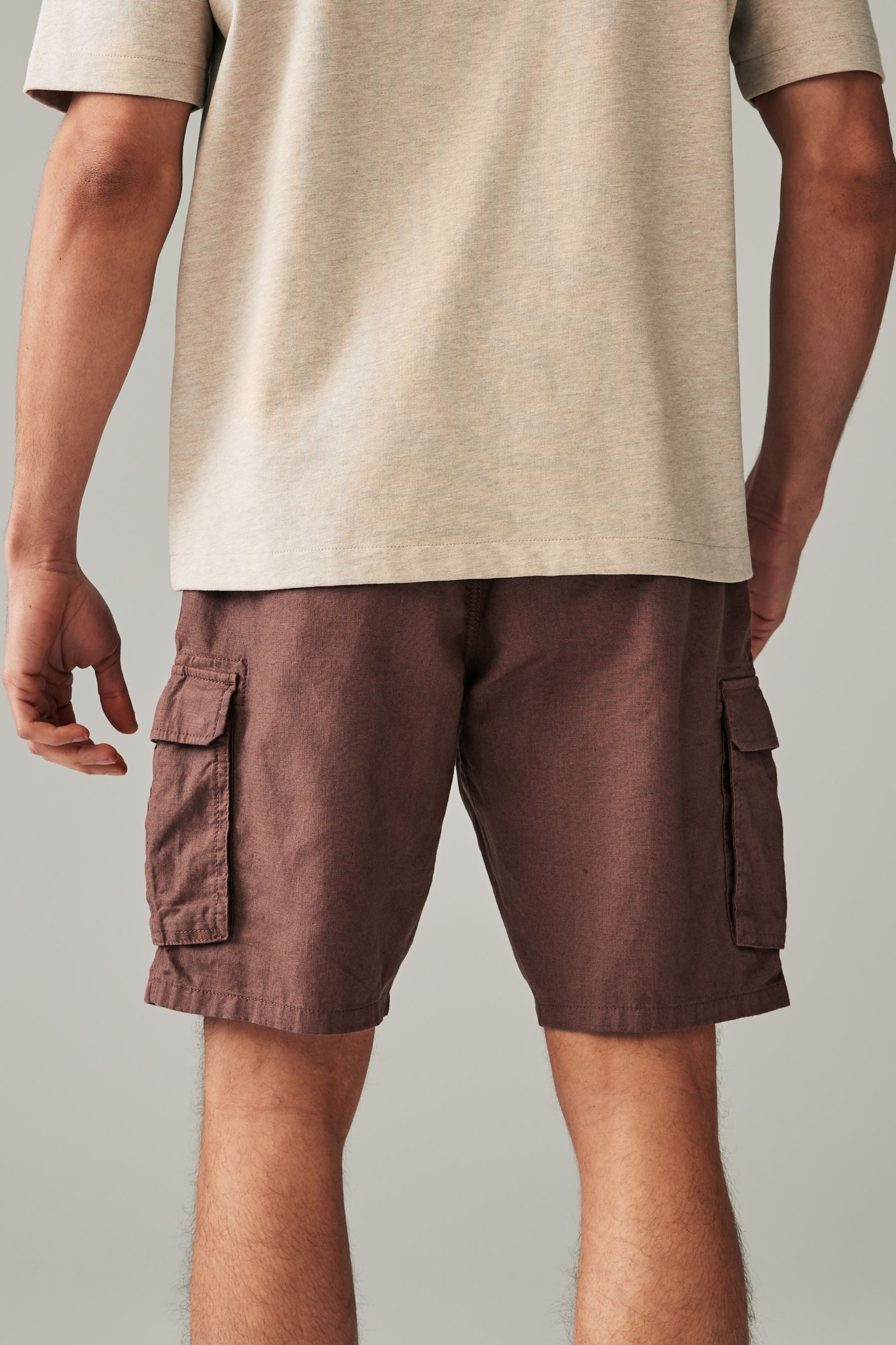 Rust Brown Cotton Linen Cargo Shorts - Image 4 of 10
