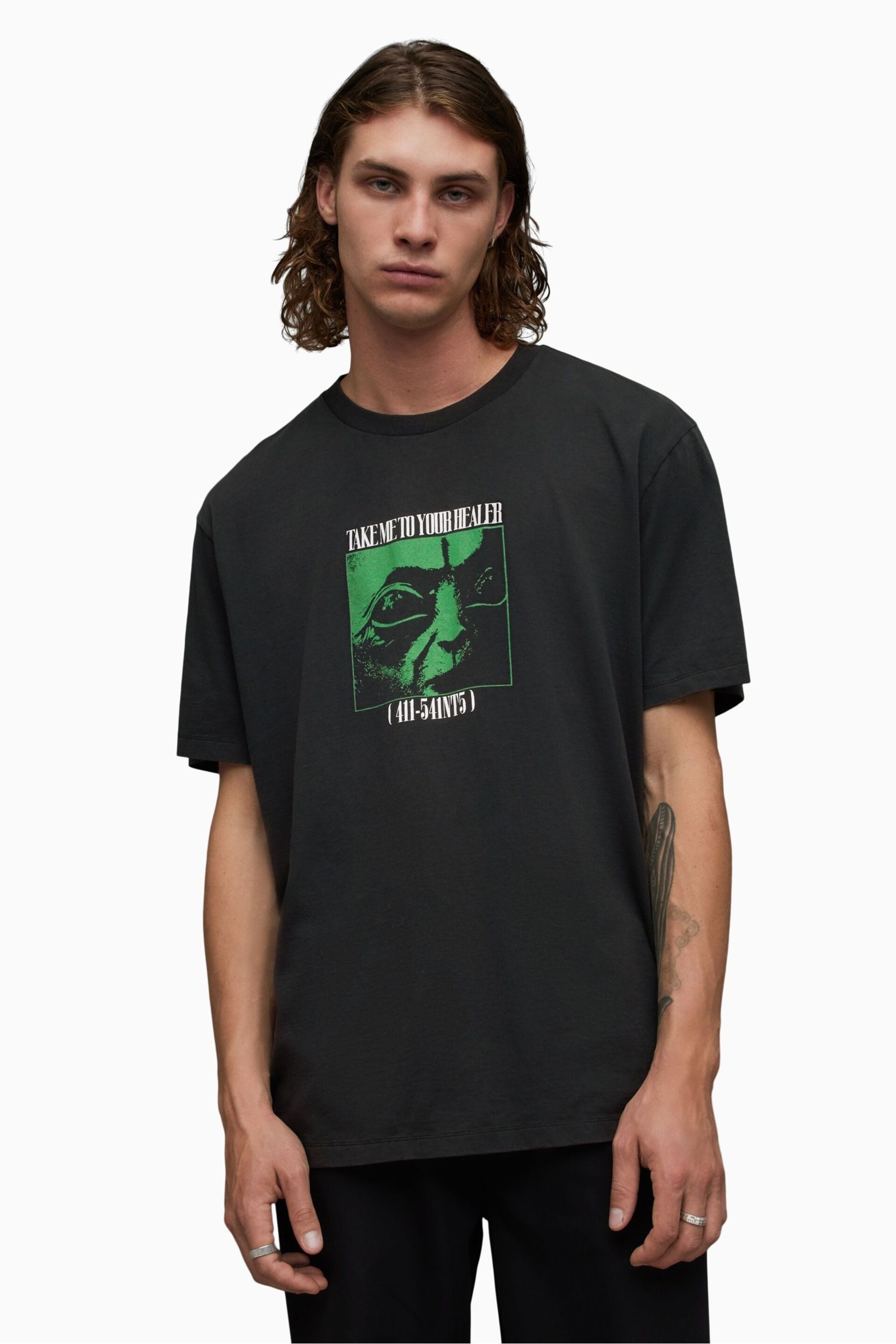 AllSaints Black Zeta Short Sleeve Crew T-Shirt - Image 1 of 5