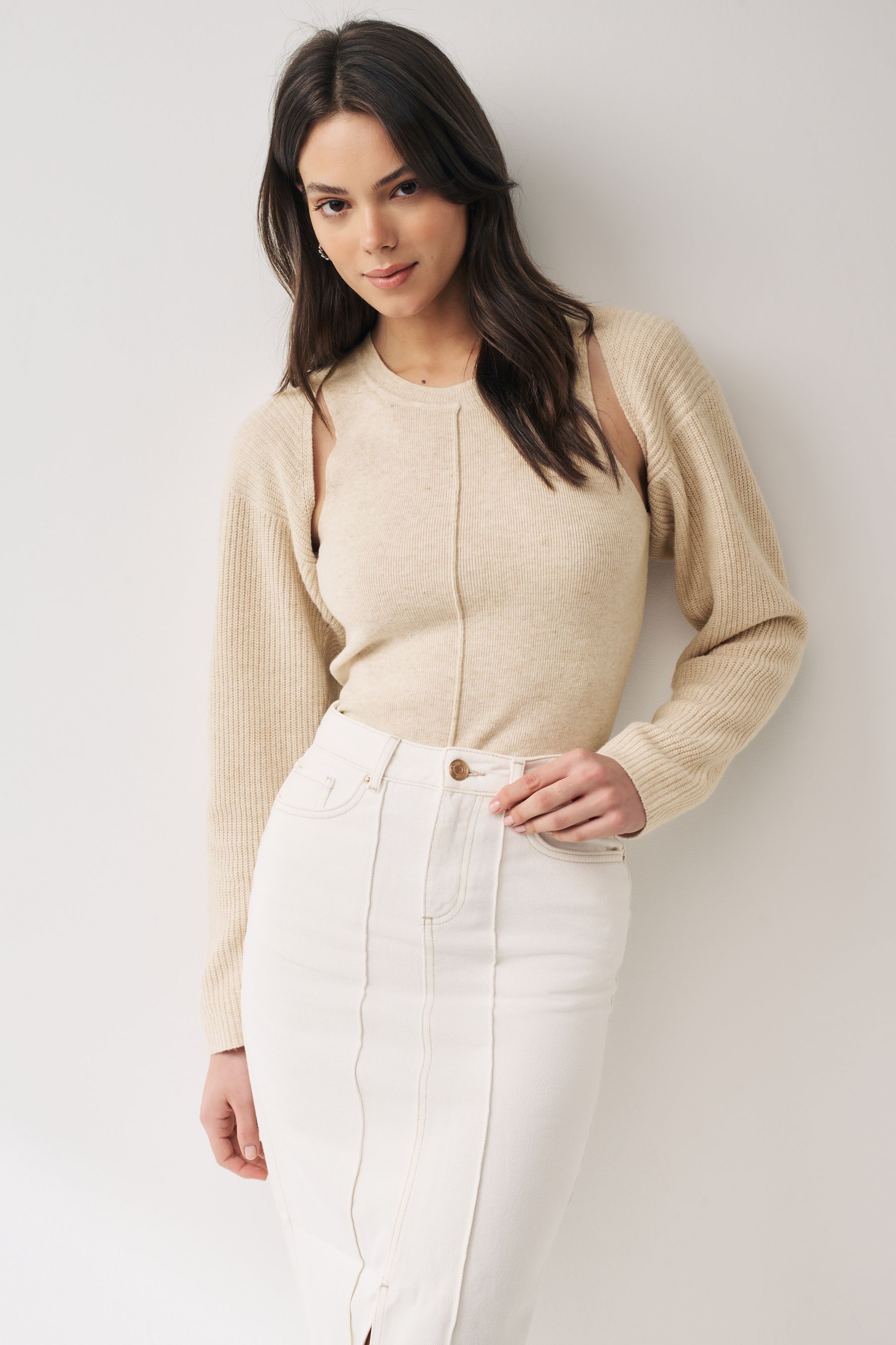 Buy Neutral Co ord 30 Wool Ribbed Bolero Cardigan from Next Luxembourg