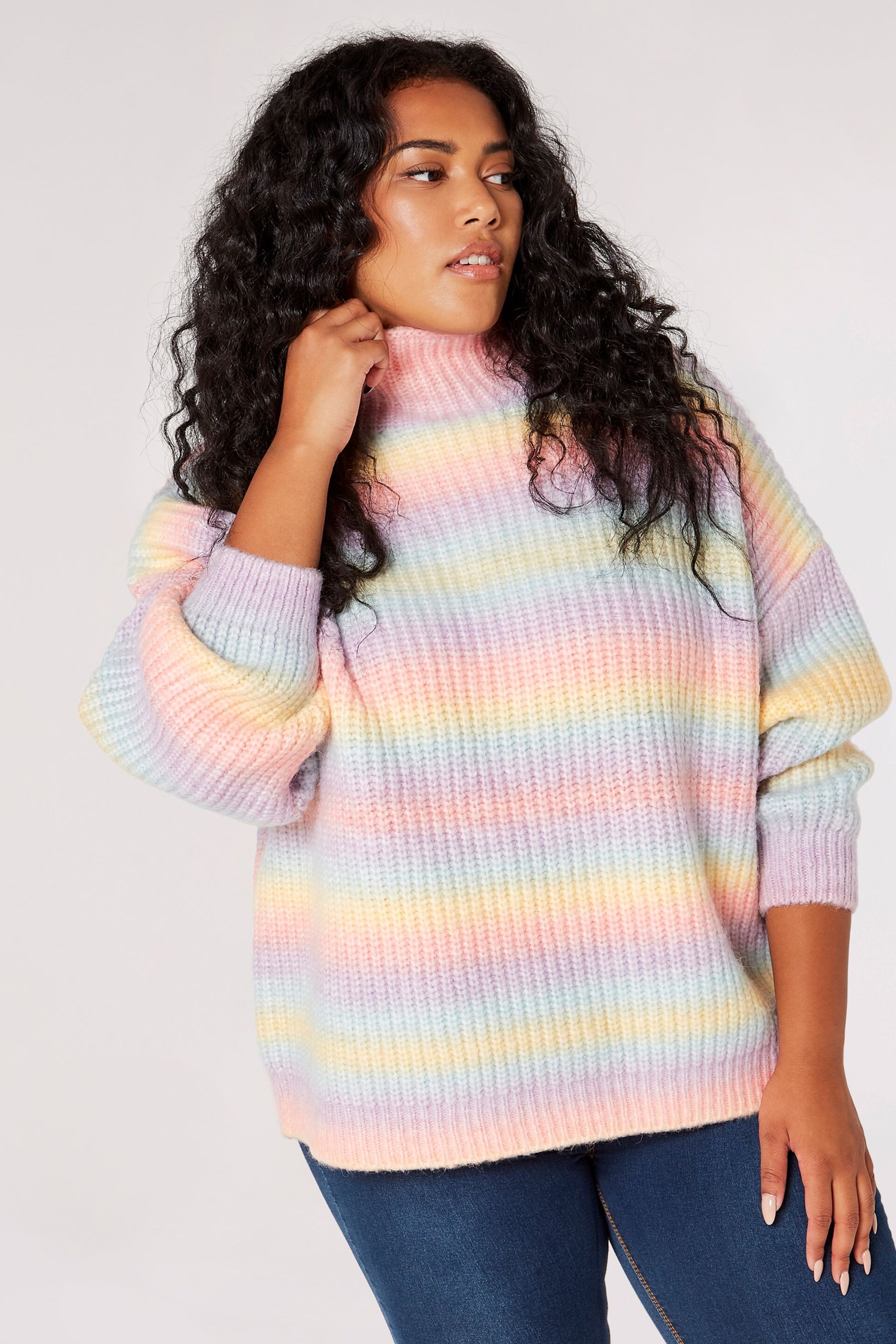 Apricot Pink Multi Rainbow Mock Neck Oversized Ombre Jumper - Image 1 of 4