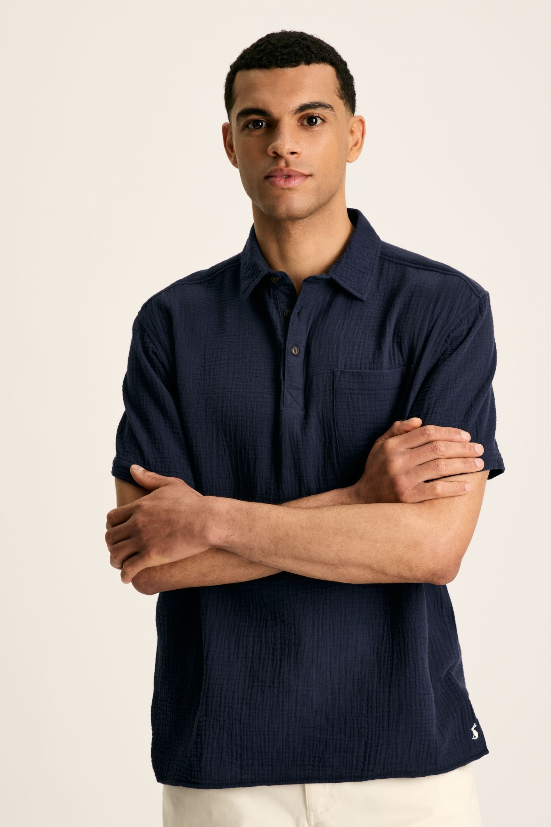 Joules Cheesecloth Navy Blue Popover Short Sleeve Shirt - Image 3 of 9