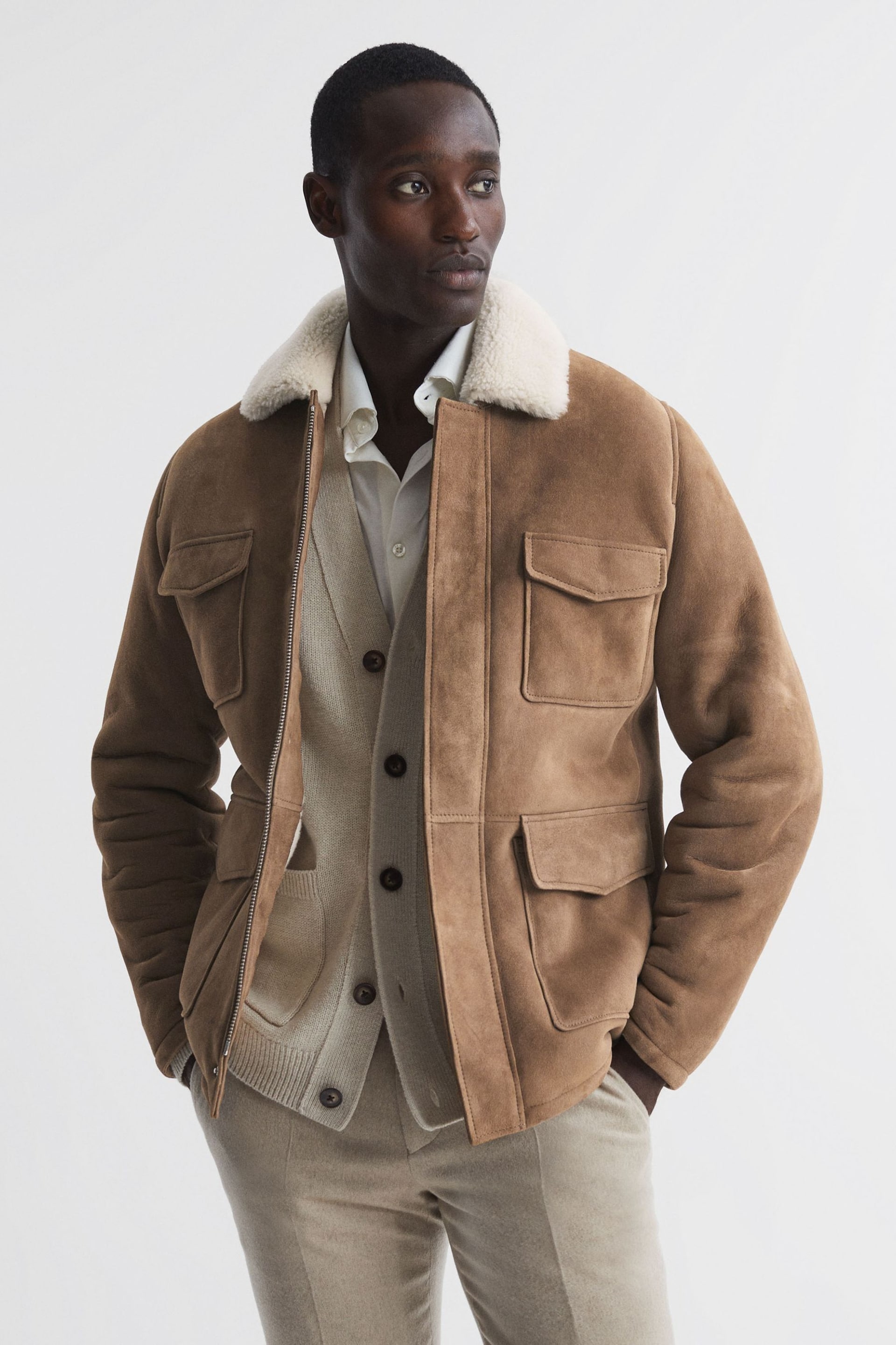 Reiss Camel Kansas Shearling Zip-Through Jacket - Image 1 of 6