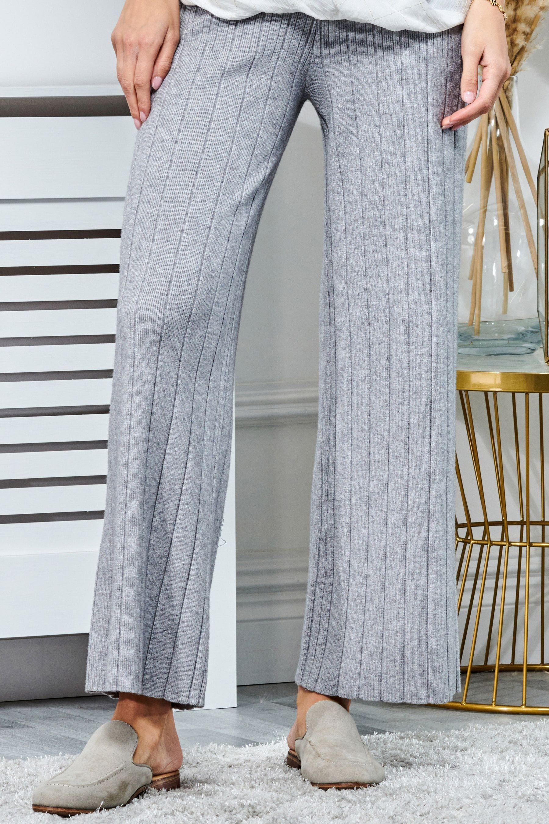 Grey ribbed wide leg trousers outlet