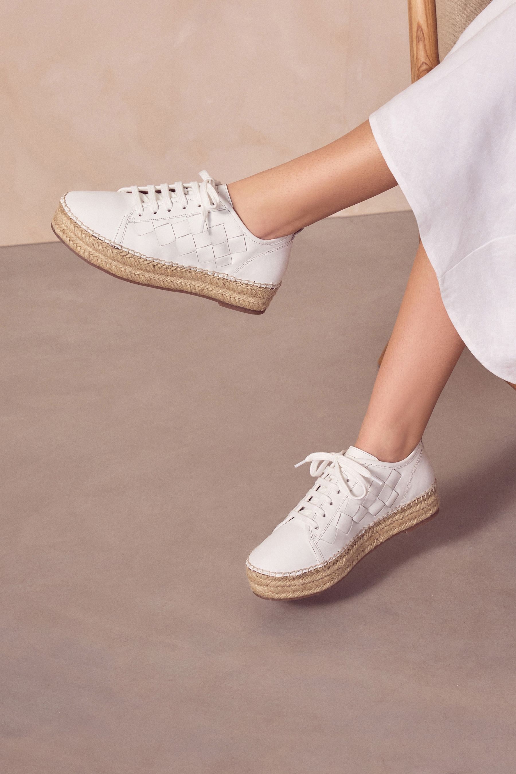 Buy White Forever Comfort Leather Espadrille Flatform Weave Trainers from Next Luxembourg