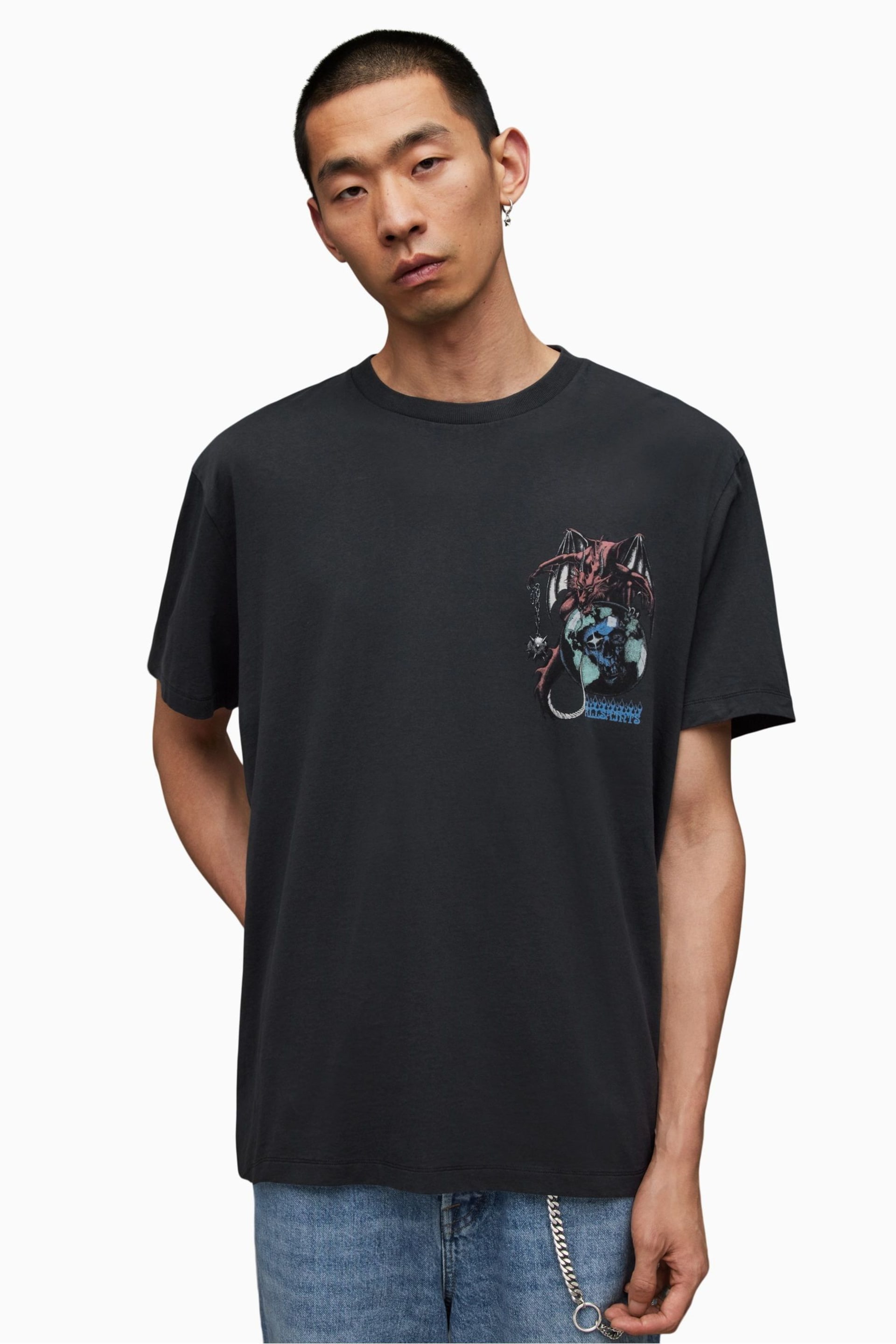 AllSaints Black Space Dragon Crew T-Shirt - Image 1 of 6