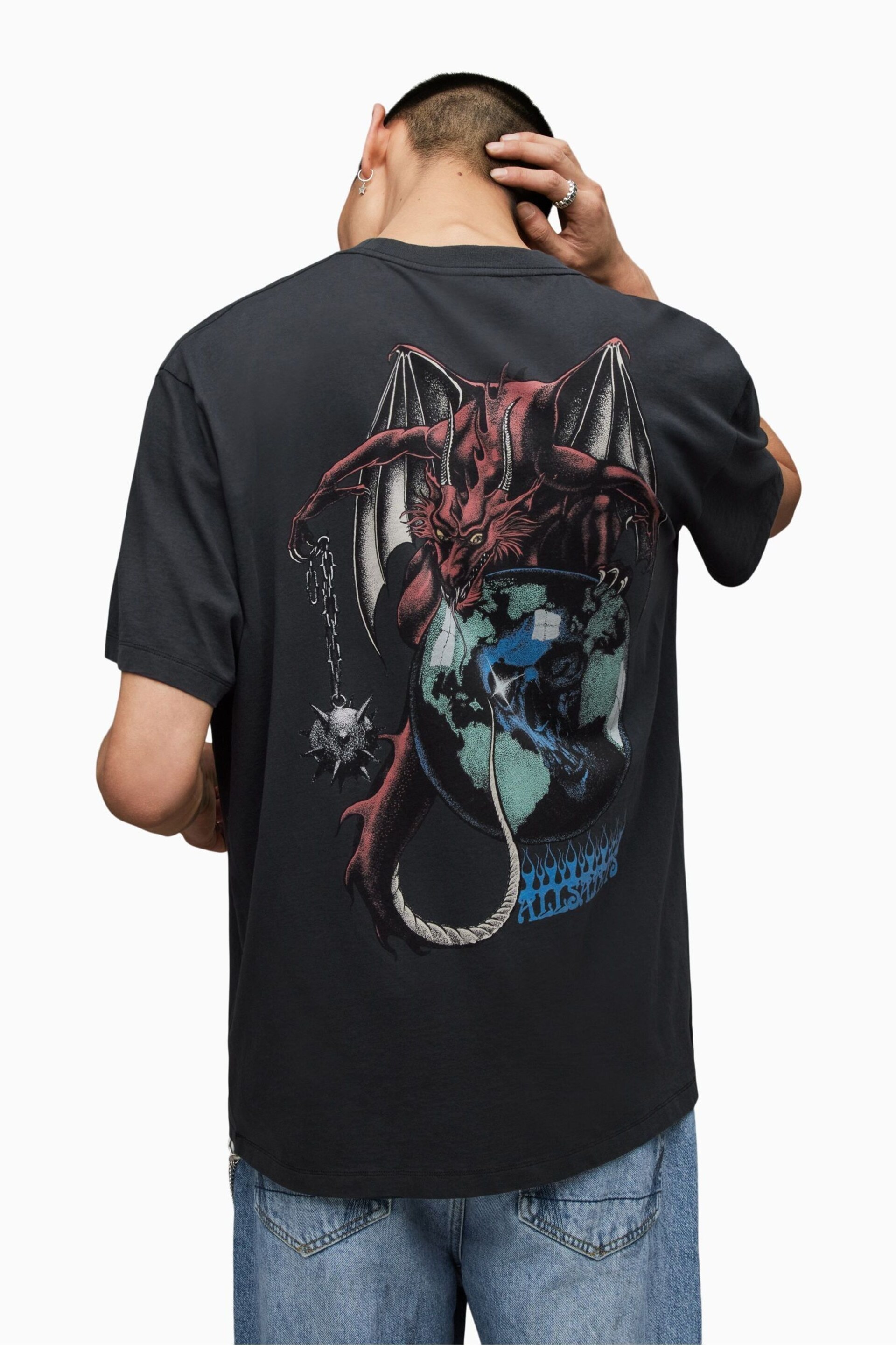 AllSaints Black Space Dragon Crew T-Shirt - Image 2 of 6