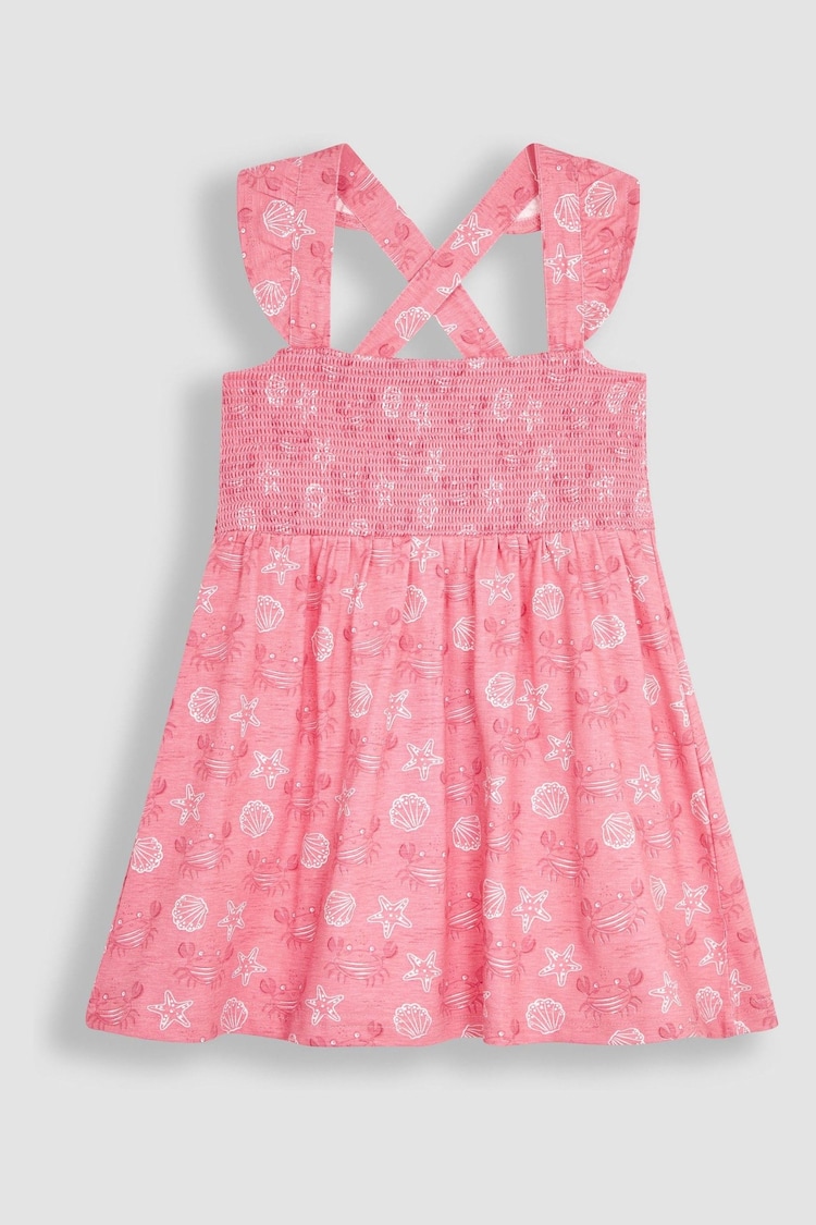 JoJo Maman Bébé Coral Pink Crab Cross Back Smocked Jersey Dress - Image 2 of 5