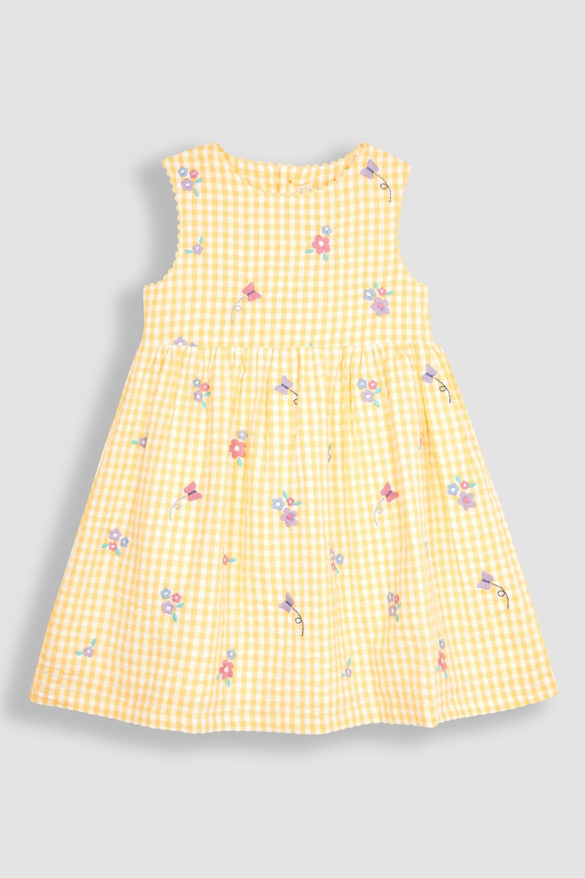 JoJo Maman Bébé Yellow Butterfly Gingham Embroidered Summer Dress - Image 1 of 3