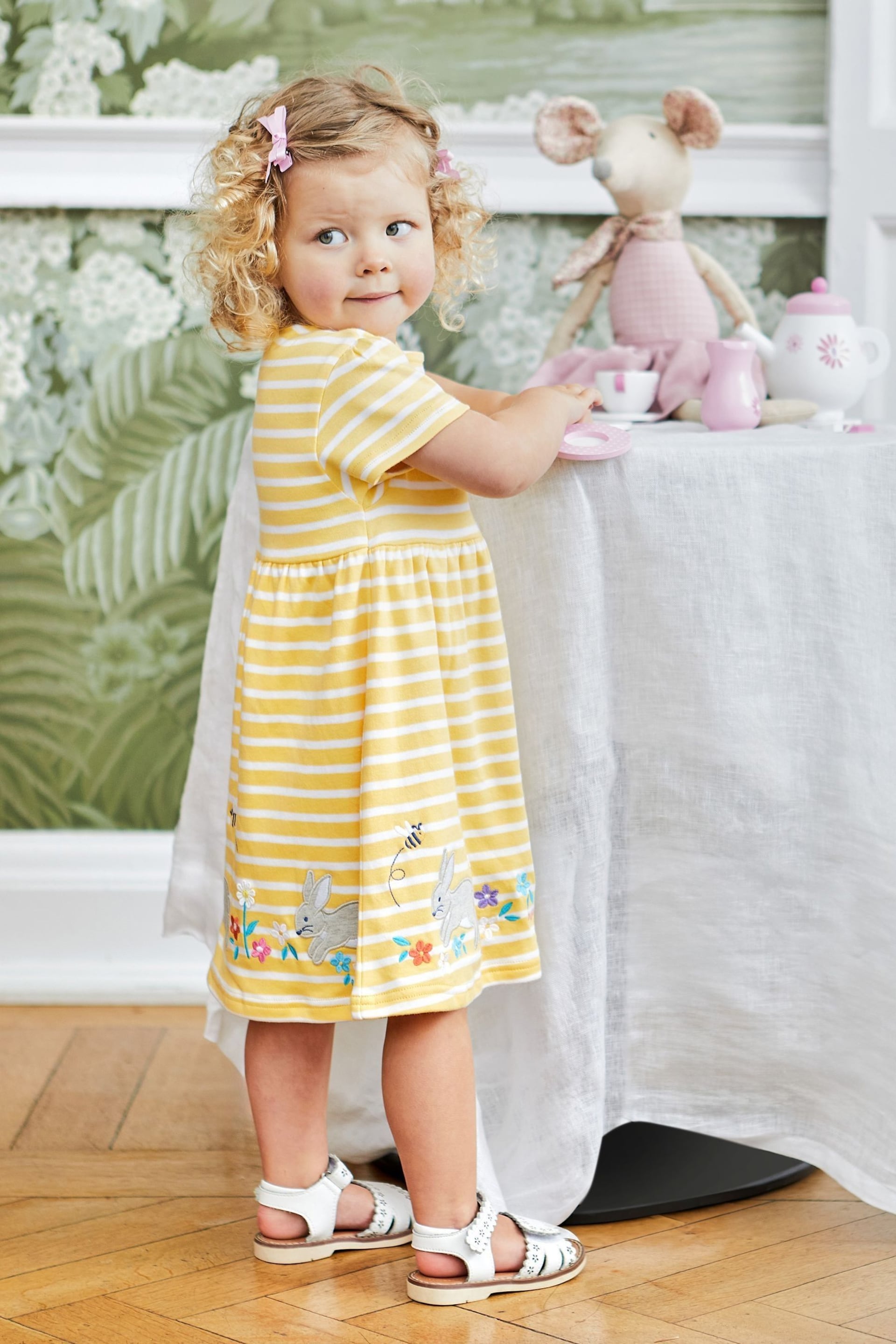 JoJo Maman Bébé Yellow Bunny Stripe Appliqué Button Front Jersey Dress - Image 2 of 5