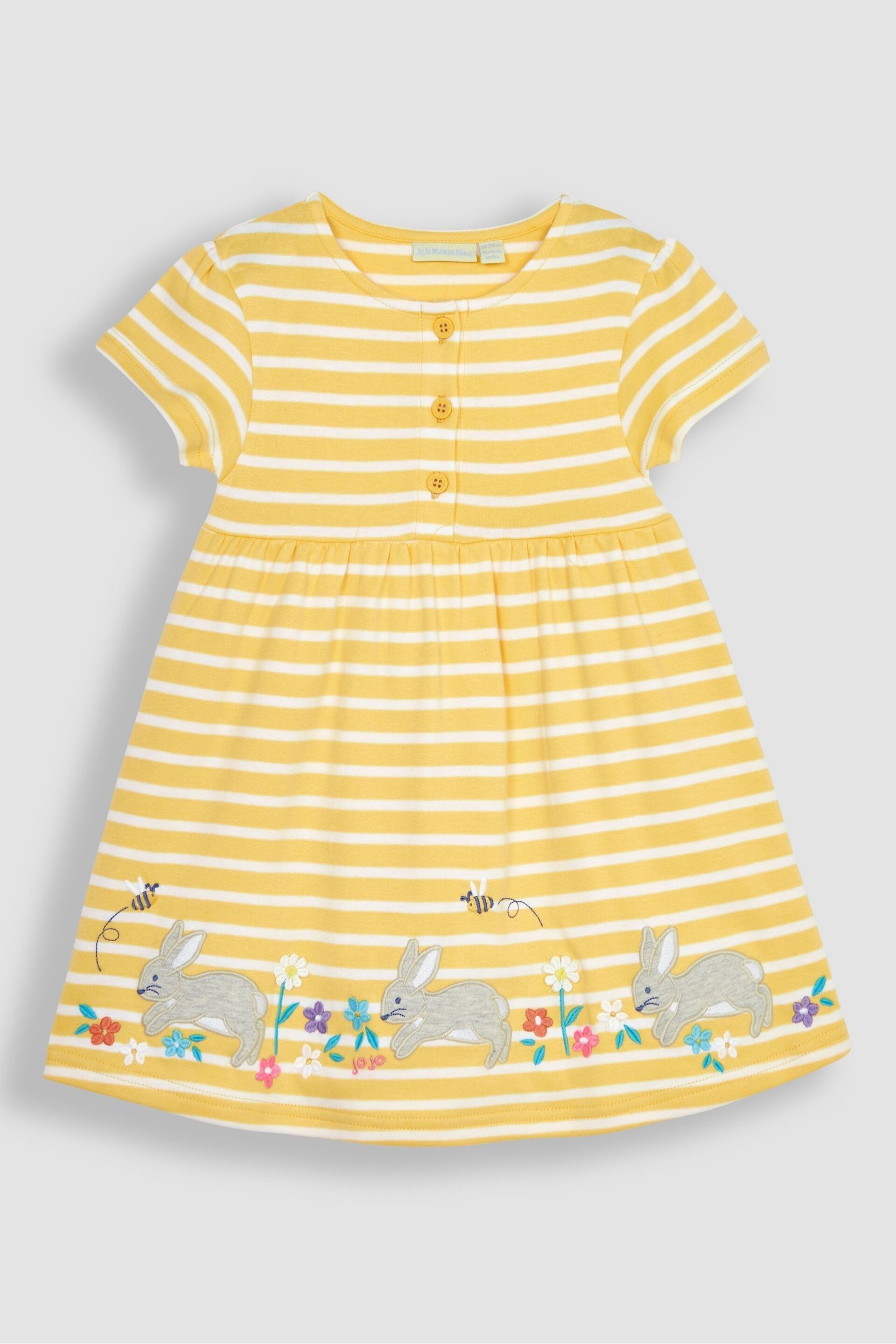 JoJo Maman Bébé Yellow Bunny Stripe Appliqué Button Front Jersey Dress - Image 3 of 5