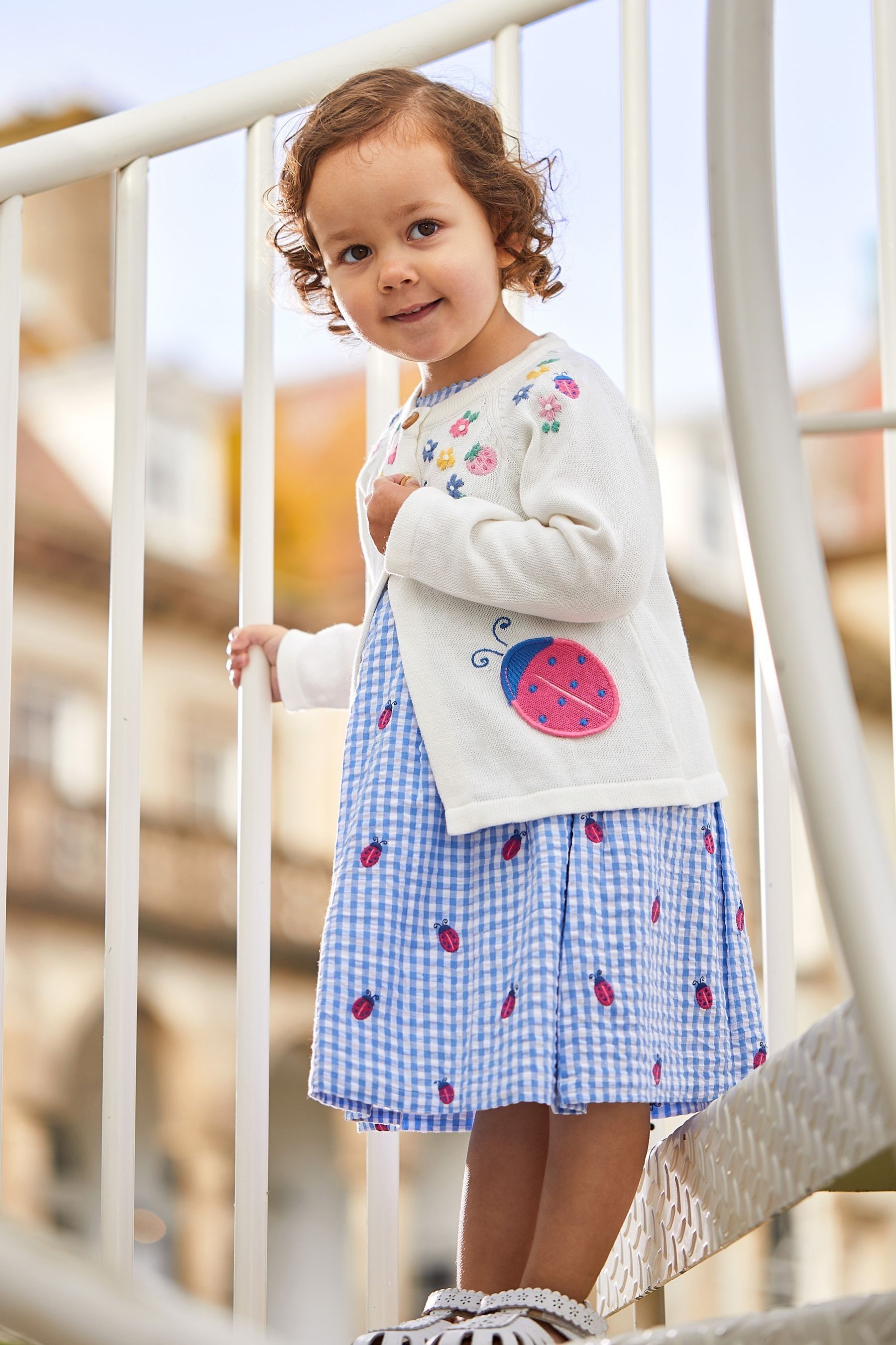 Buy JoJo Maman Bebe Blue Ladybird Gingham Embroidered Summer Dress from Next Luxembourg