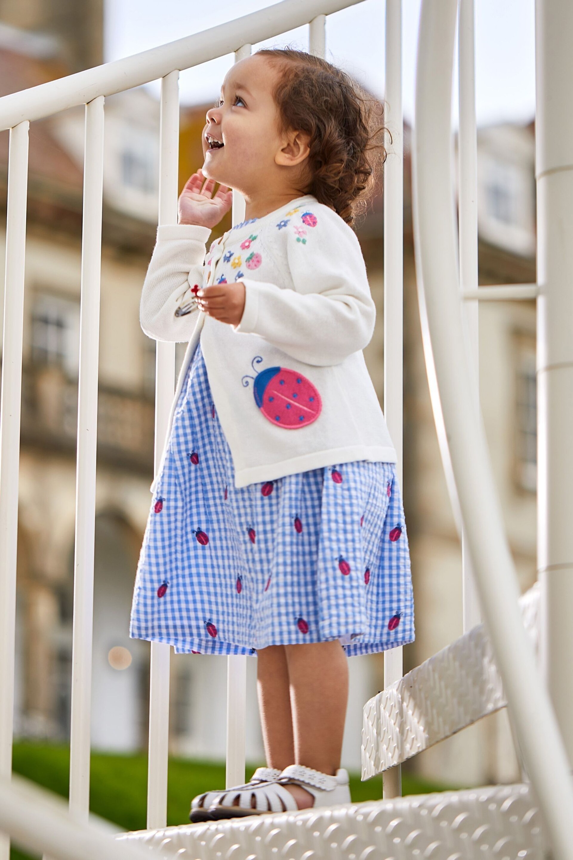 JoJo Maman Bébé Blue Ladybird Gingham Embroidered Summer Dress - Image 2 of 5