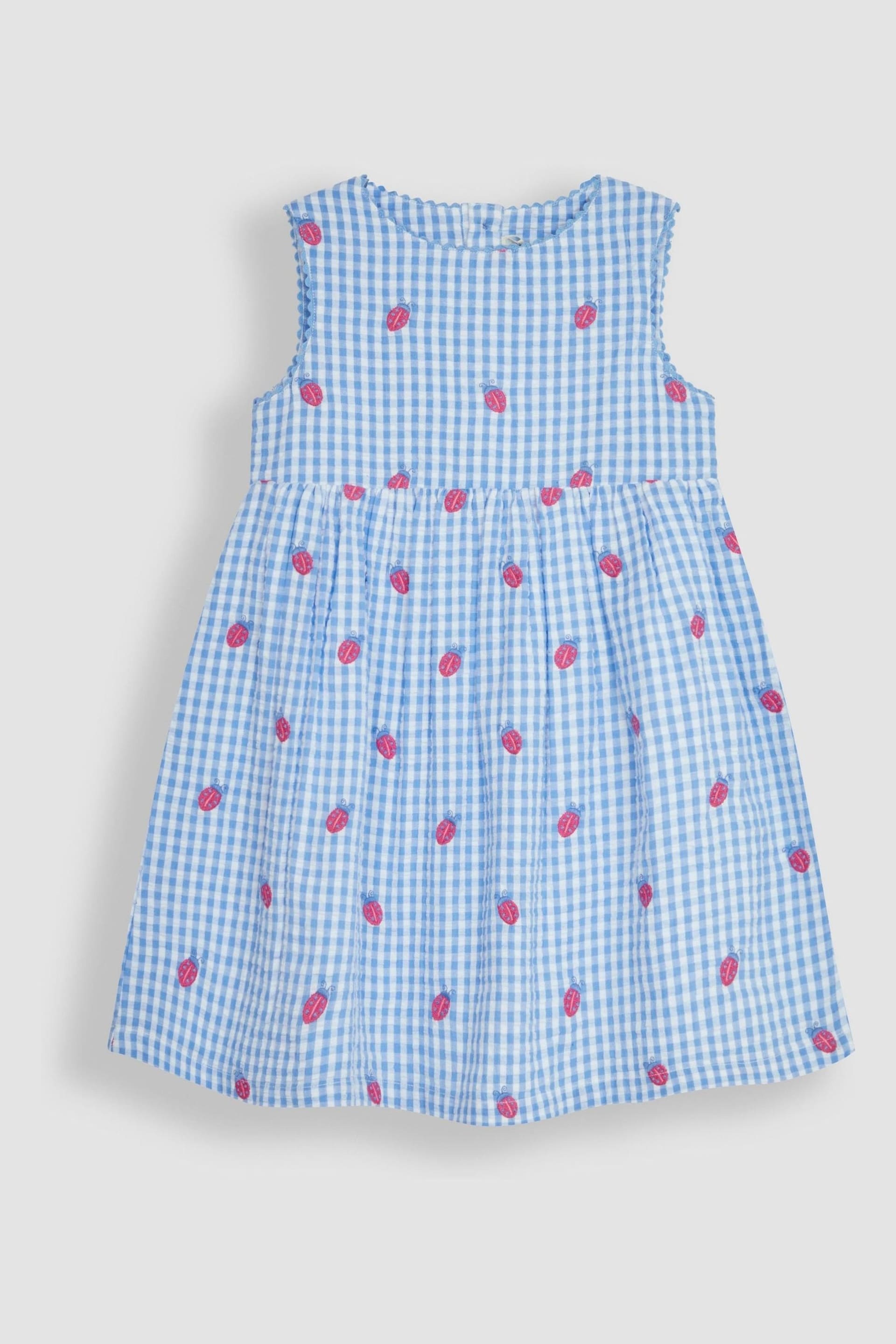 JoJo Maman Bébé Blue Ladybird Gingham Embroidered Summer Dress - Image 3 of 5