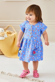 JoJo Maman Bébé Blue Strawberry & Bee Button Front Pet In Pocket Jersey Dress - Image 1 of 6