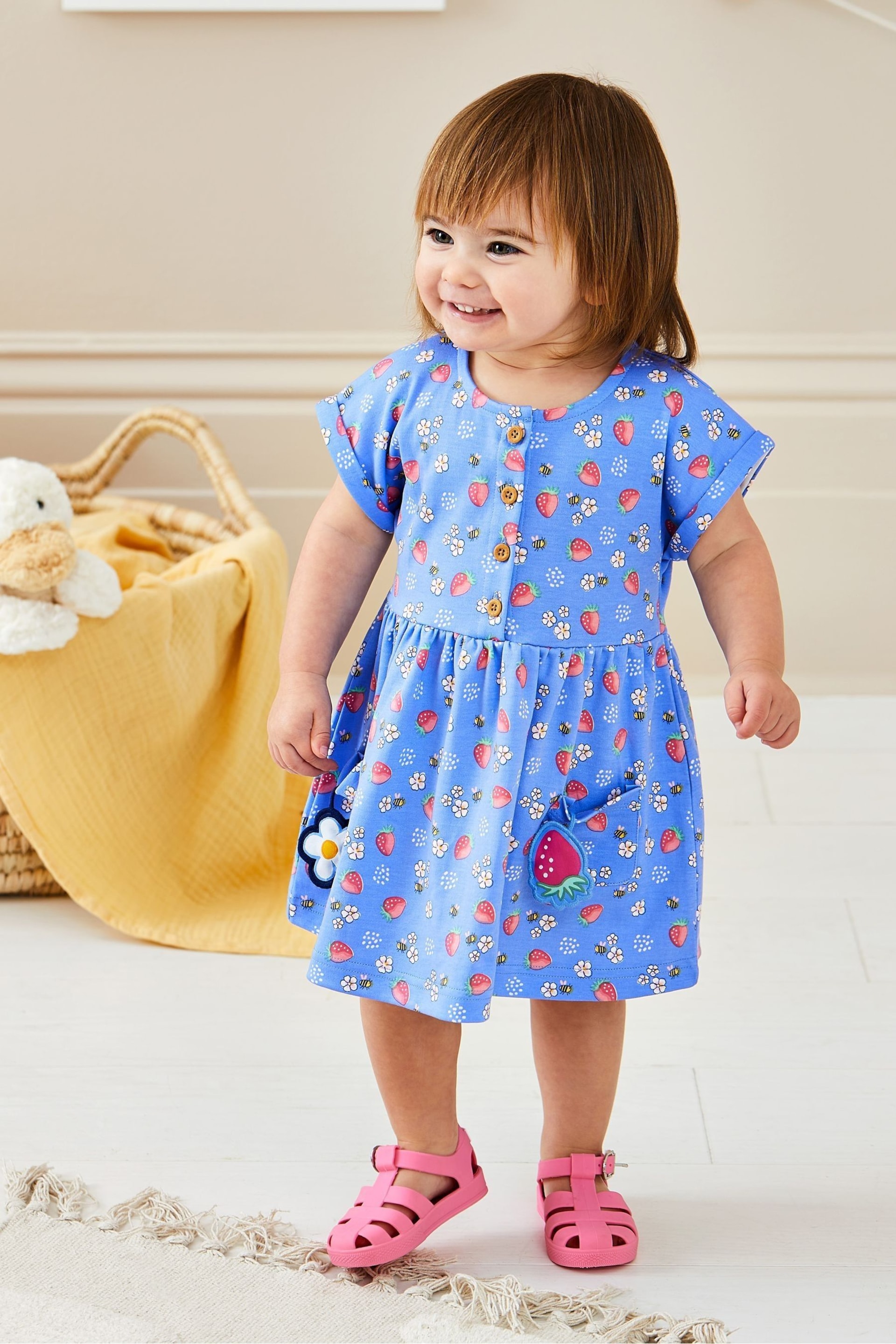 JoJo Maman Bébé Blue Strawberry & Bee Button Front Pet In Pocket Jersey Dress - Image 1 of 6