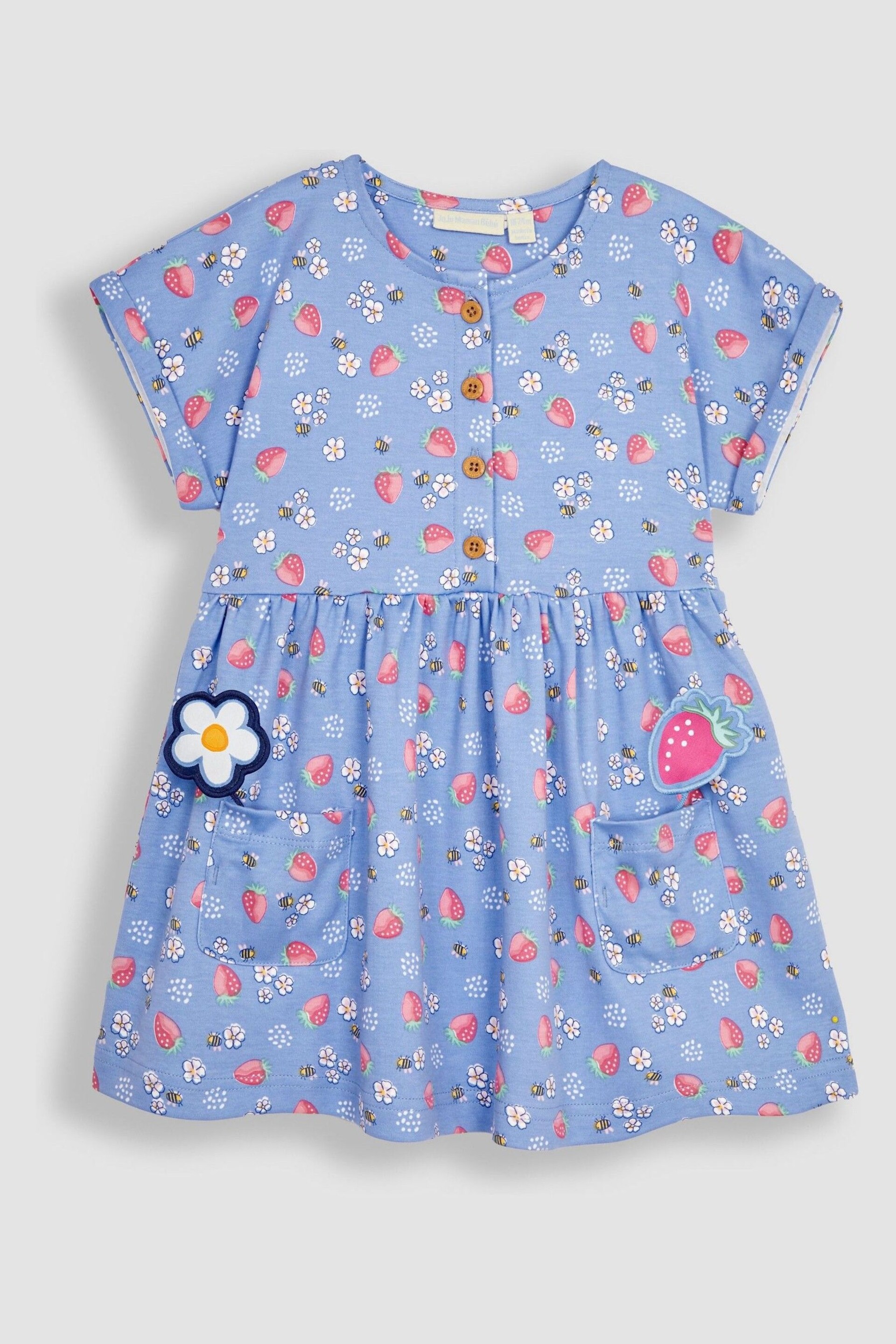 JoJo Maman Bébé Blue Strawberry & Bee Button Front Pet In Pocket Jersey Dress - Image 2 of 6