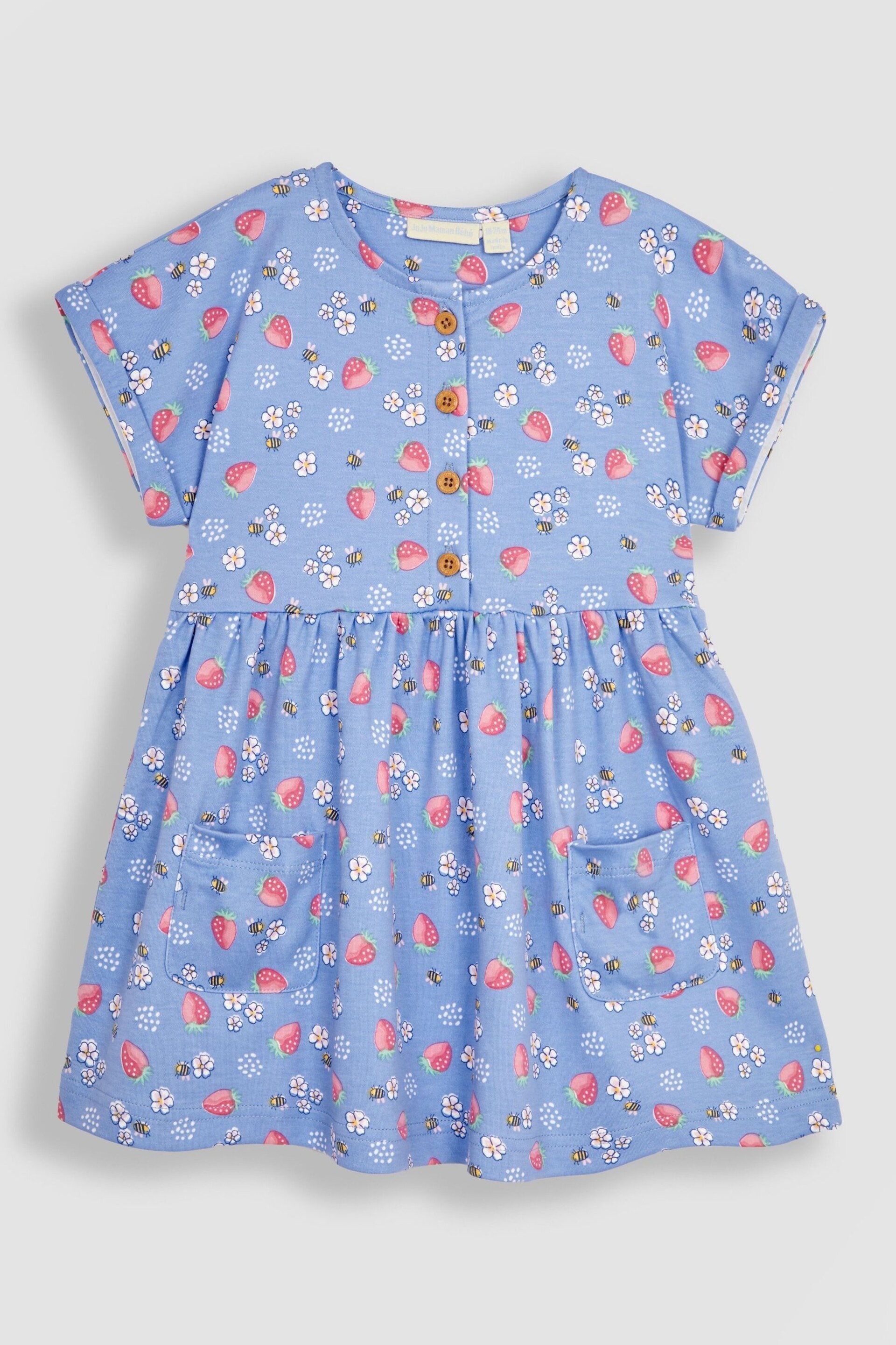 JoJo Maman Bébé Blue Strawberry & Bee Button Front Pet In Pocket Jersey Dress - Image 3 of 6