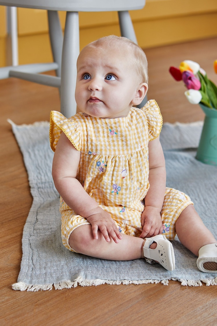 JoJo Maman Bébé Yellow Gingham Duck Embroidered Pretty Sunsuit - Image 1 of 4