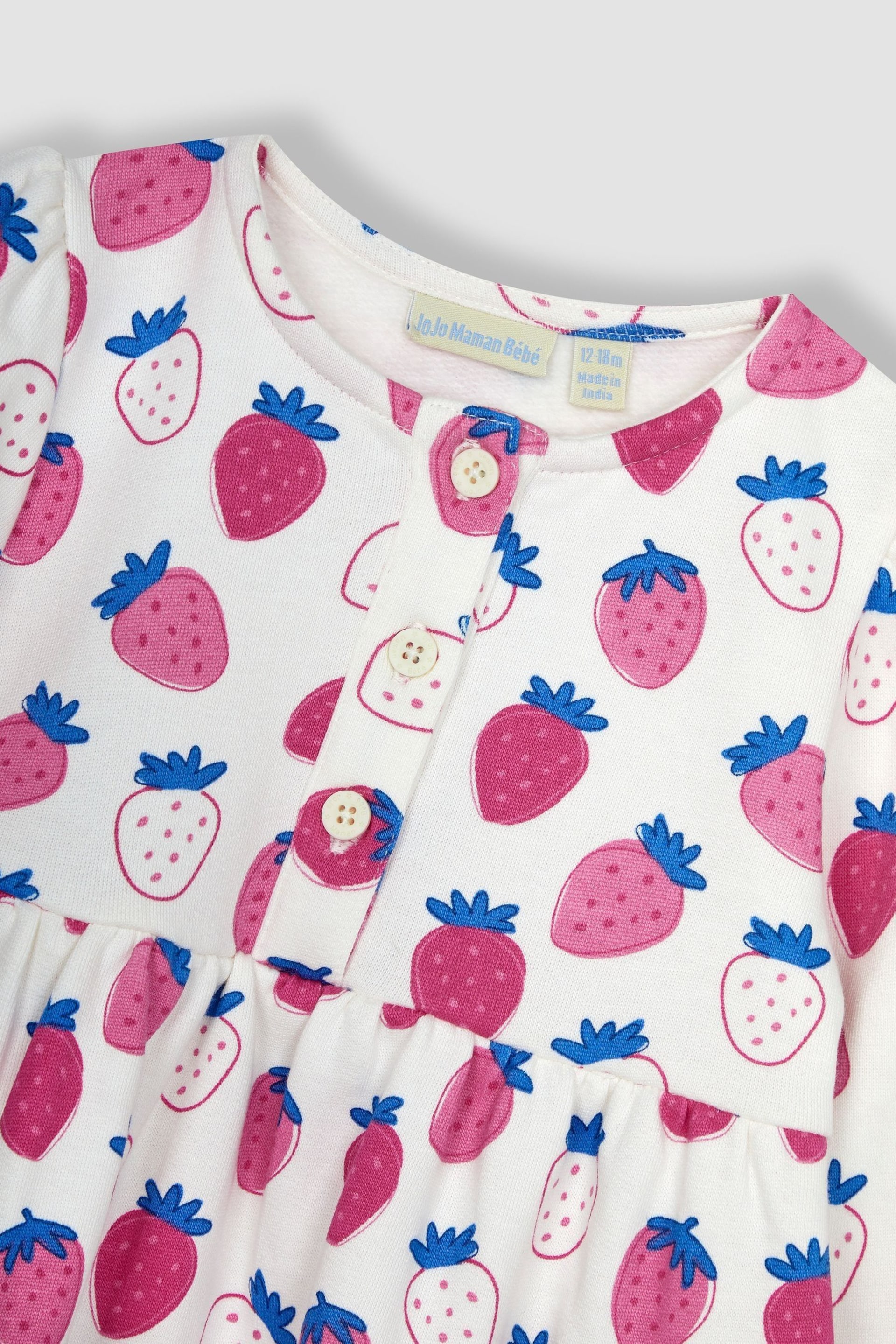 JoJo Maman Bébé Pink Strawberry Button Front Sweat Jersey Dress - Image 2 of 3