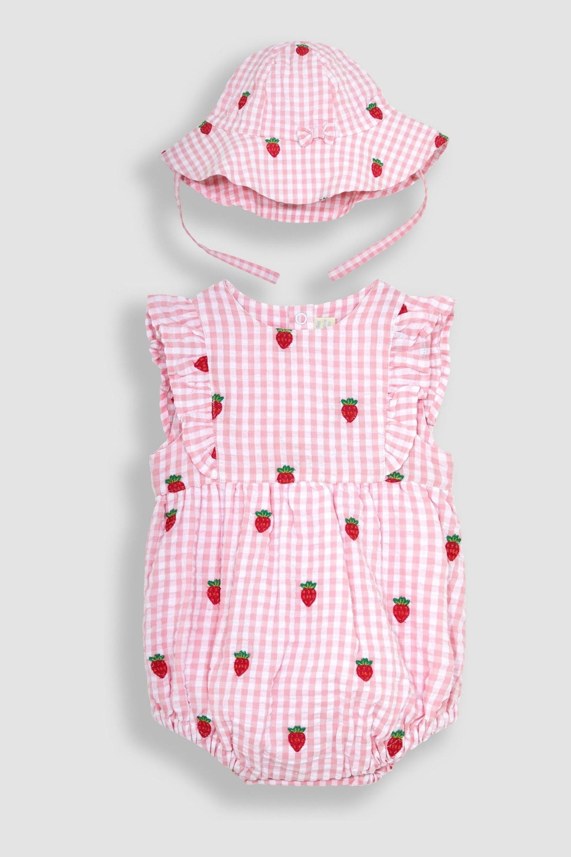 JoJo Maman Bébé Pink 2-Piece Strawberry Embroidered Bubble Romper & Hat Set - Image 1 of 5