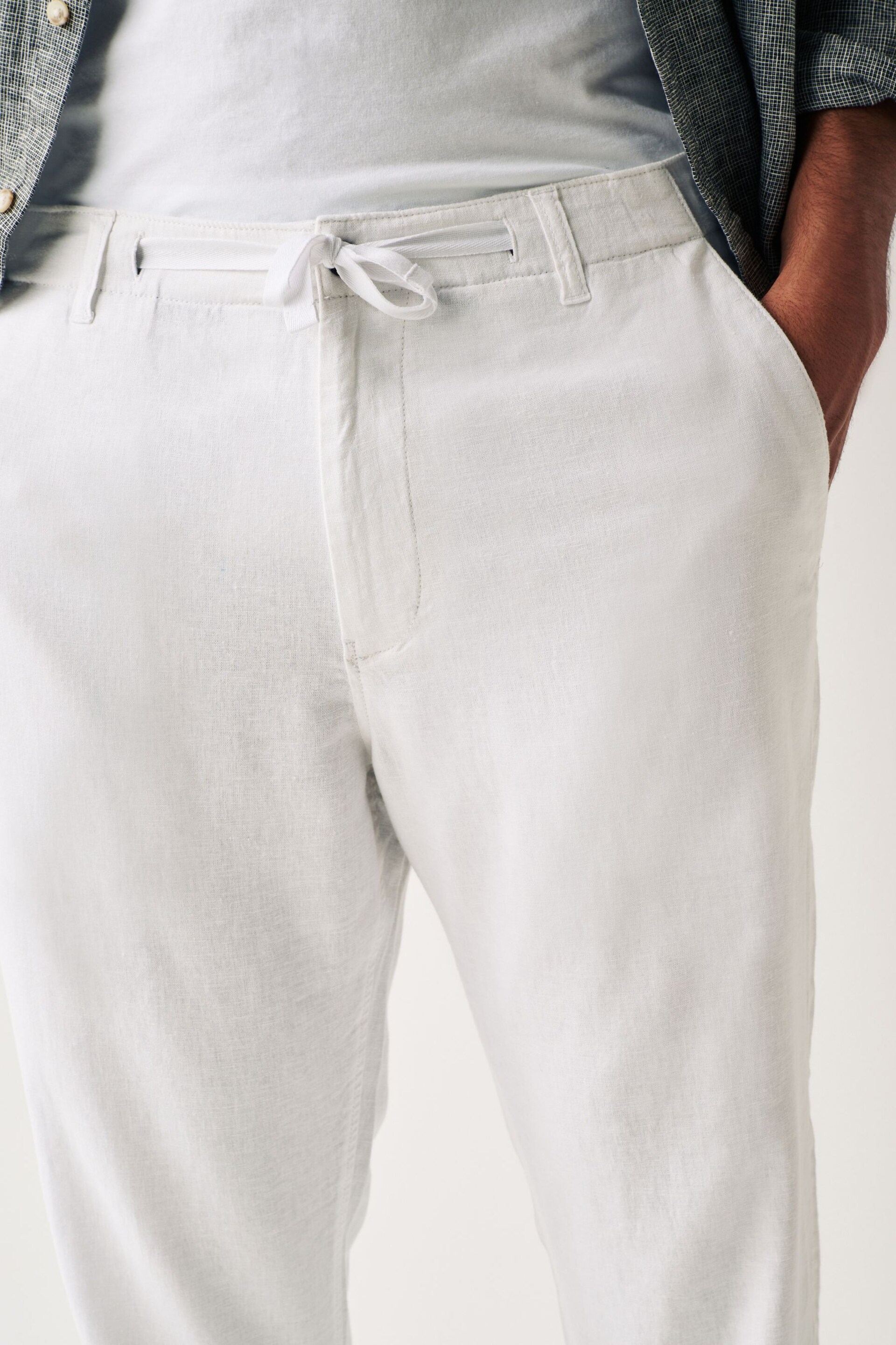 White Linen Viscose Drawstring Trousers - Image 5 of 13