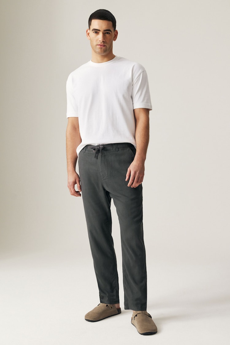 Dark Grey Linen Viscose Drawstring Trousers - Image 3 of 12