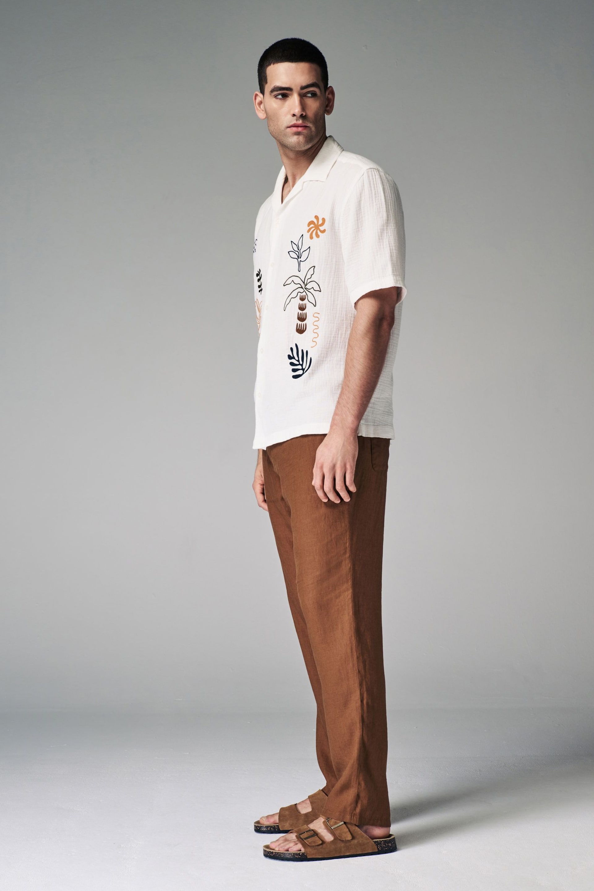 Rust Brown 100% Linen Drawstring Trousers - Image 3 of 10