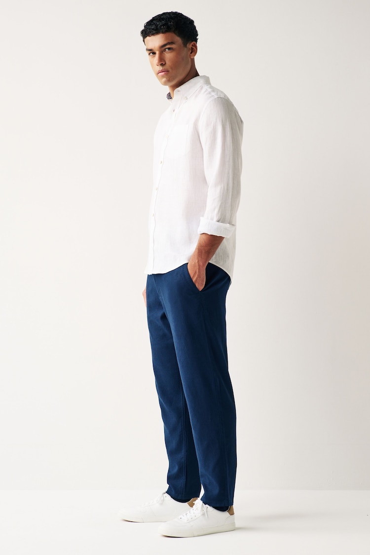 Navy Blue Linen Viscose Drawstring Trousers - Image 3 of 8