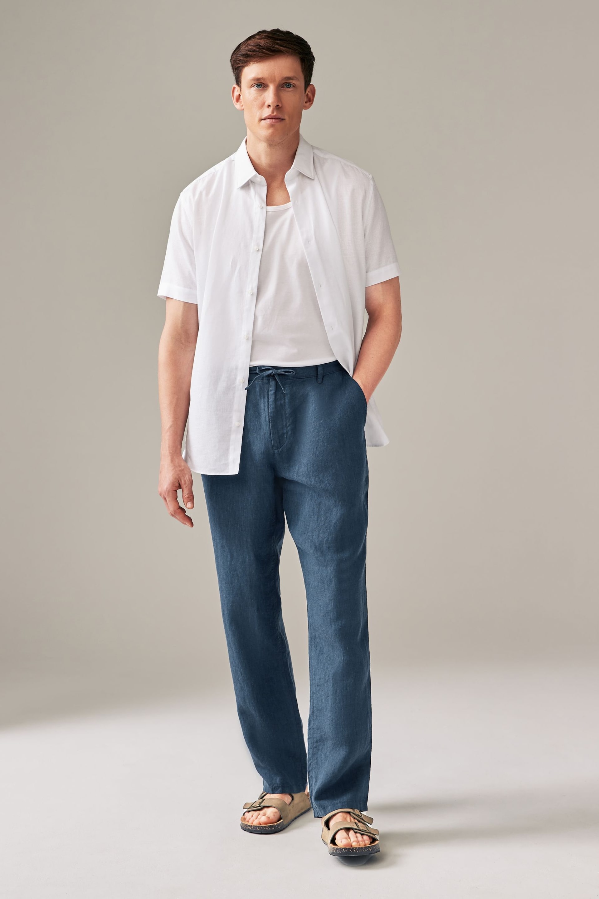 Navy Blue 100% Linen Drawstring Trousers - Image 2 of 8