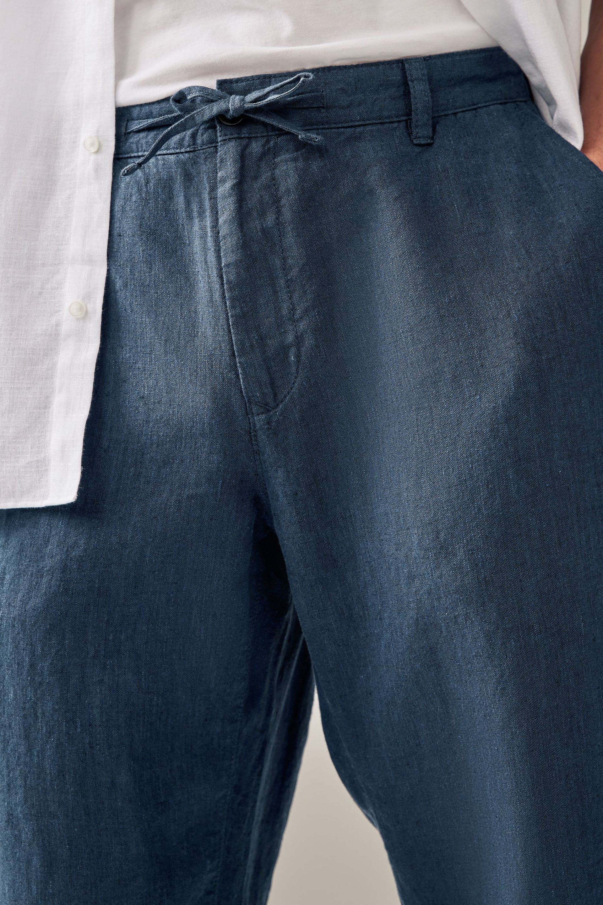 Navy Blue 100% Linen Drawstring Trousers - Image 5 of 8