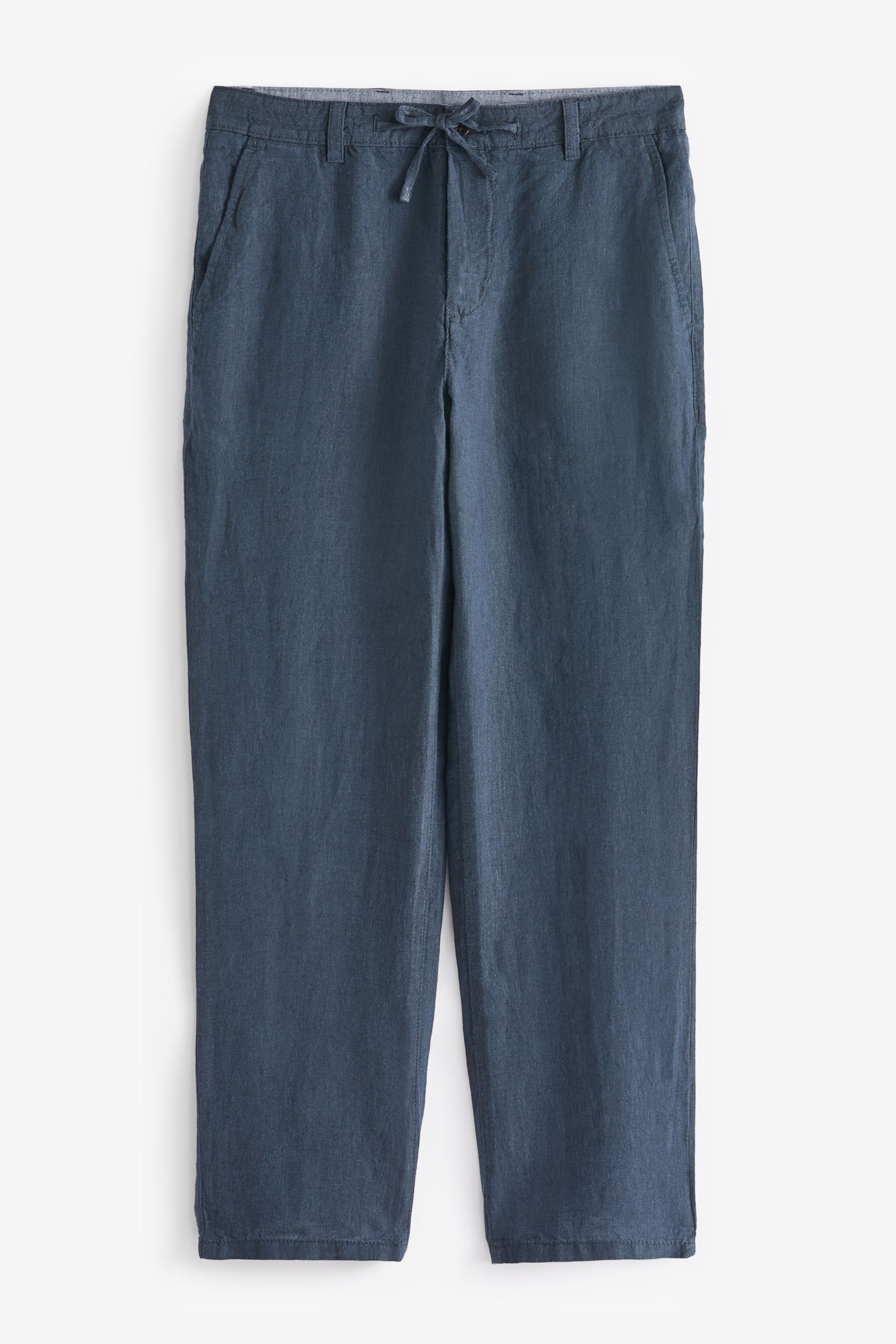 Navy Blue 100% Linen Drawstring Trousers - Image 7 of 8
