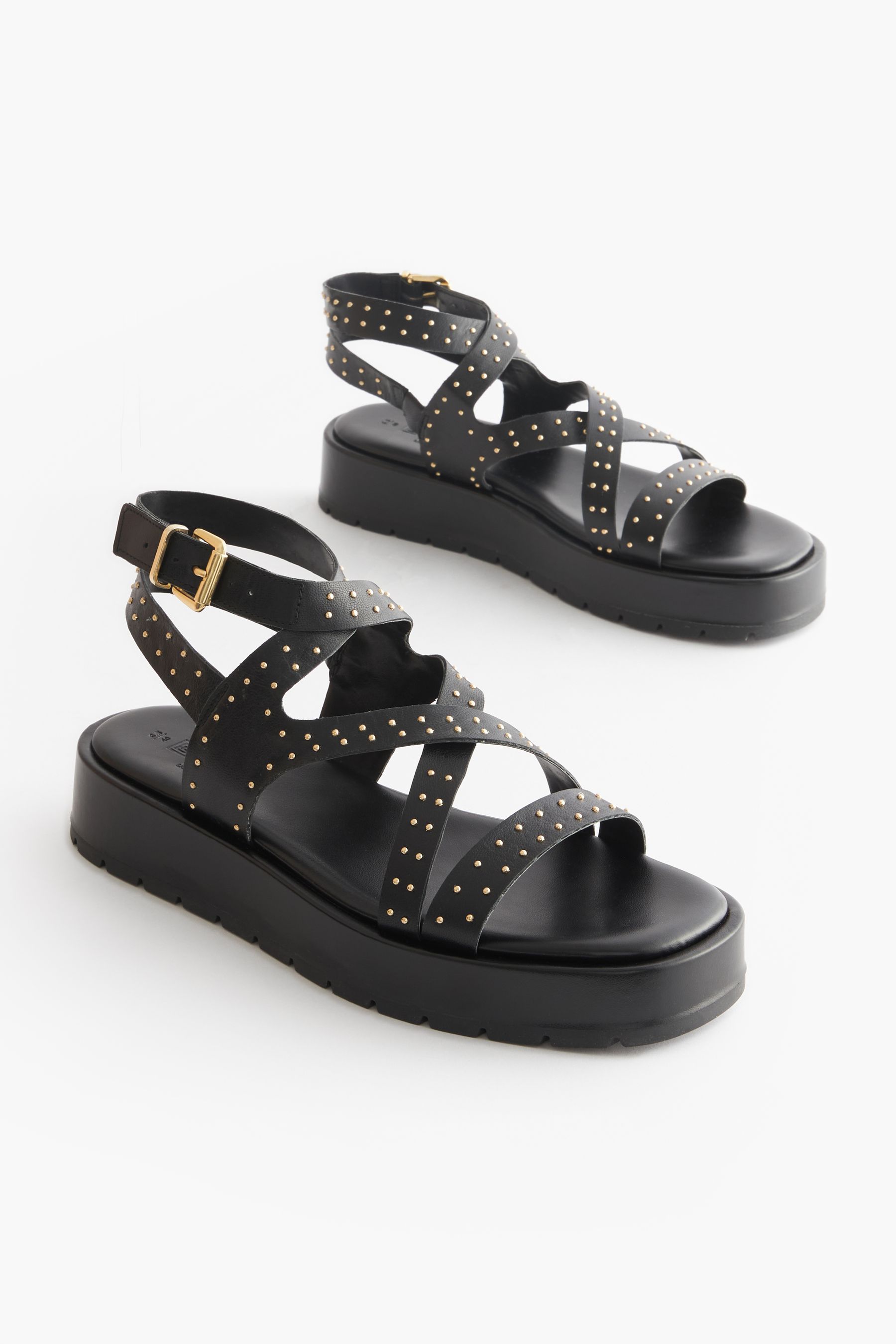 NEXT Black Studded Forever Comfort Leather Strappy Flatform Sandals 10 Womens