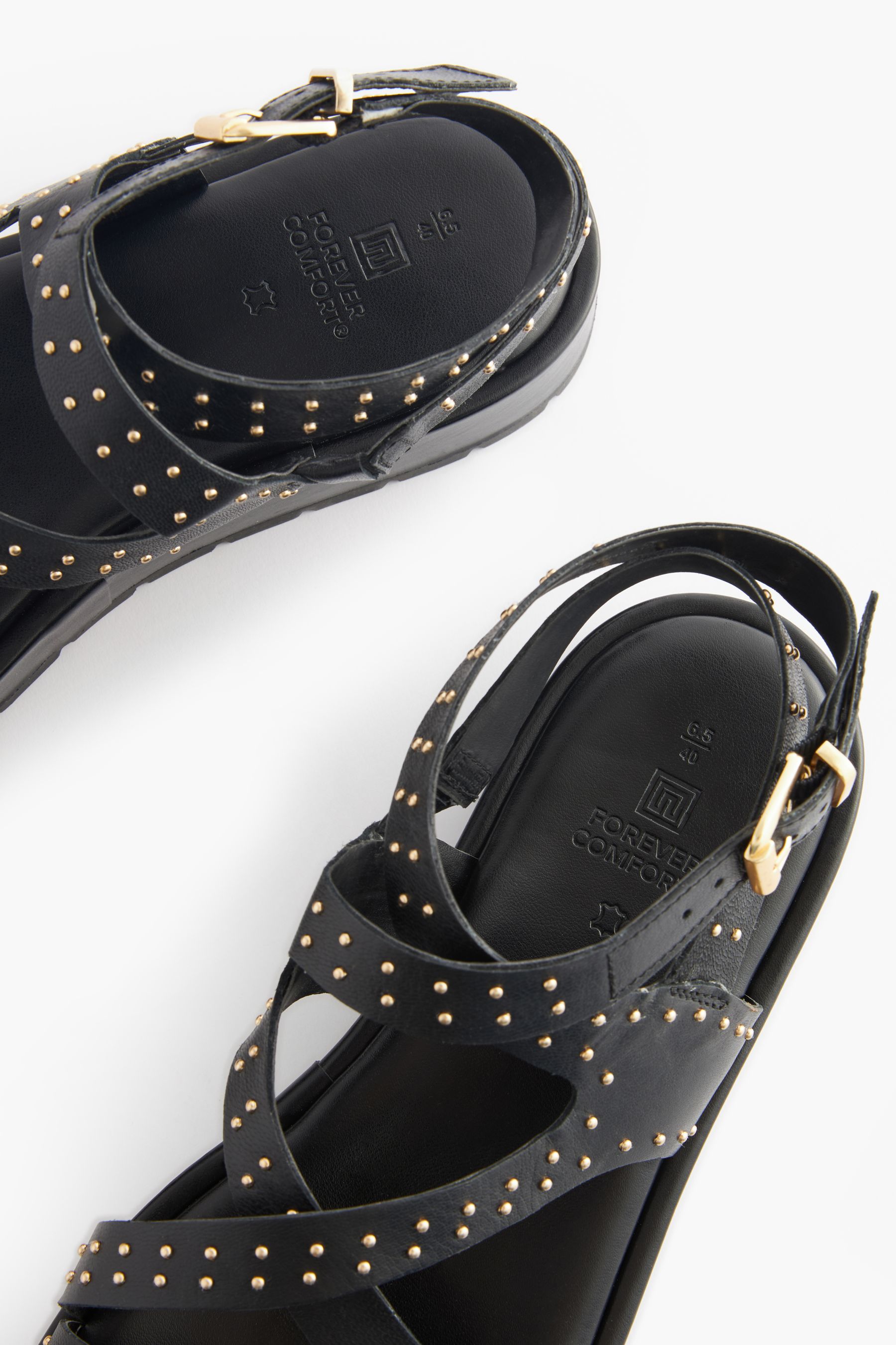 Black Studded Forever Comfort Leather Strappy Flatform Sandals