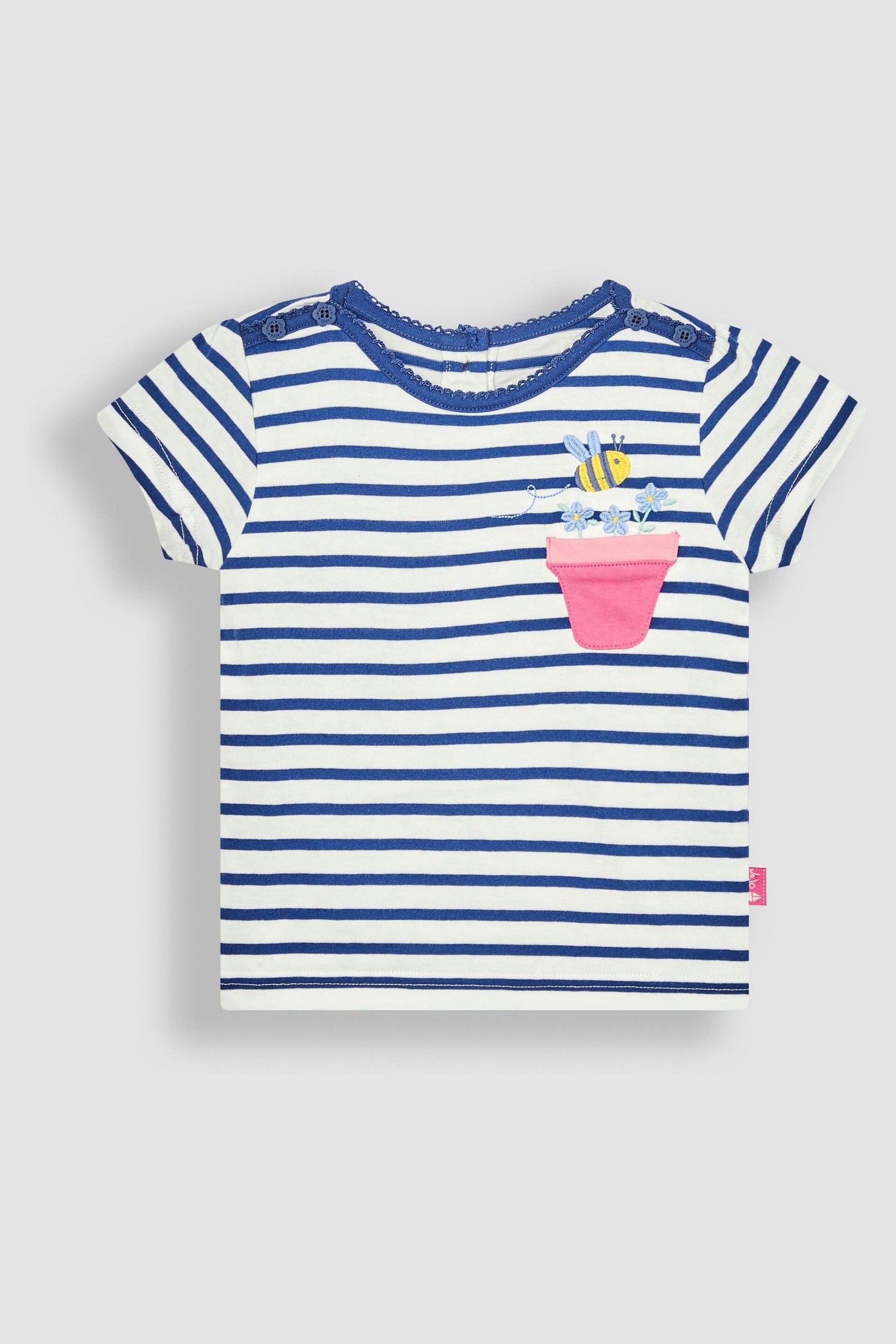JoJo Maman Bébé Ecru Navy Stripe Bee Appliqué Pocket T-Shirt - Image 3 of 5