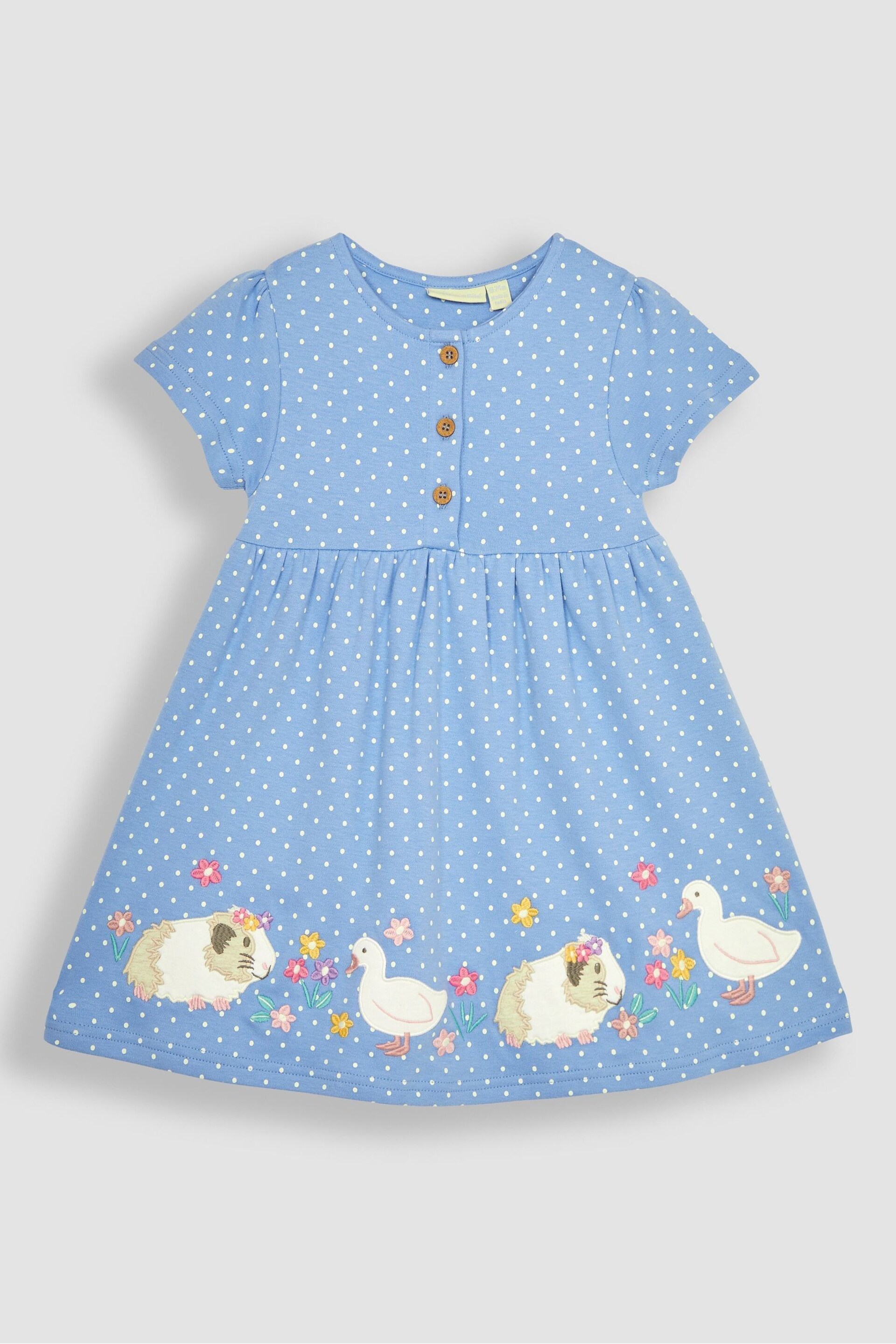JoJo Maman Bébé Blue Guinea Pig & Duck Spot Appliqué Button Front Jersey Dress - Image 1 of 3