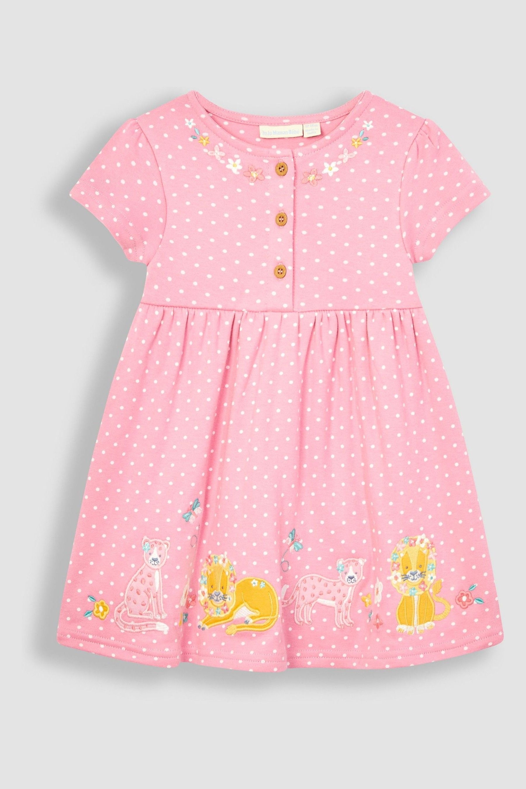 Buy JoJo Maman Bebe Pink Lion Tiger Spot Applique Button Front Jersey Dress from Next Luxembourg
