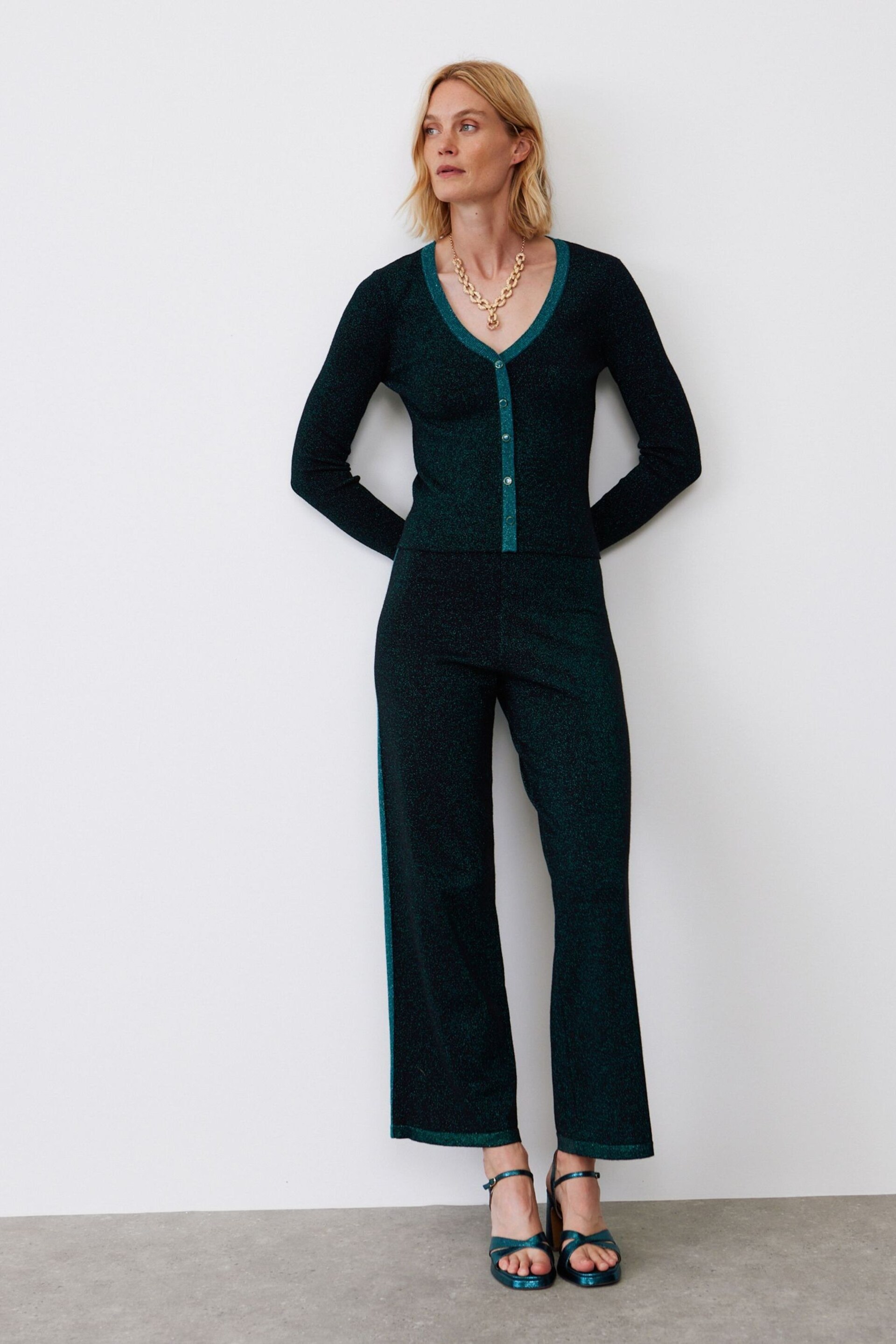 Oliver Bonas Green Sparkle Mirrorball Knitted Cardigan - Image 1 of 8