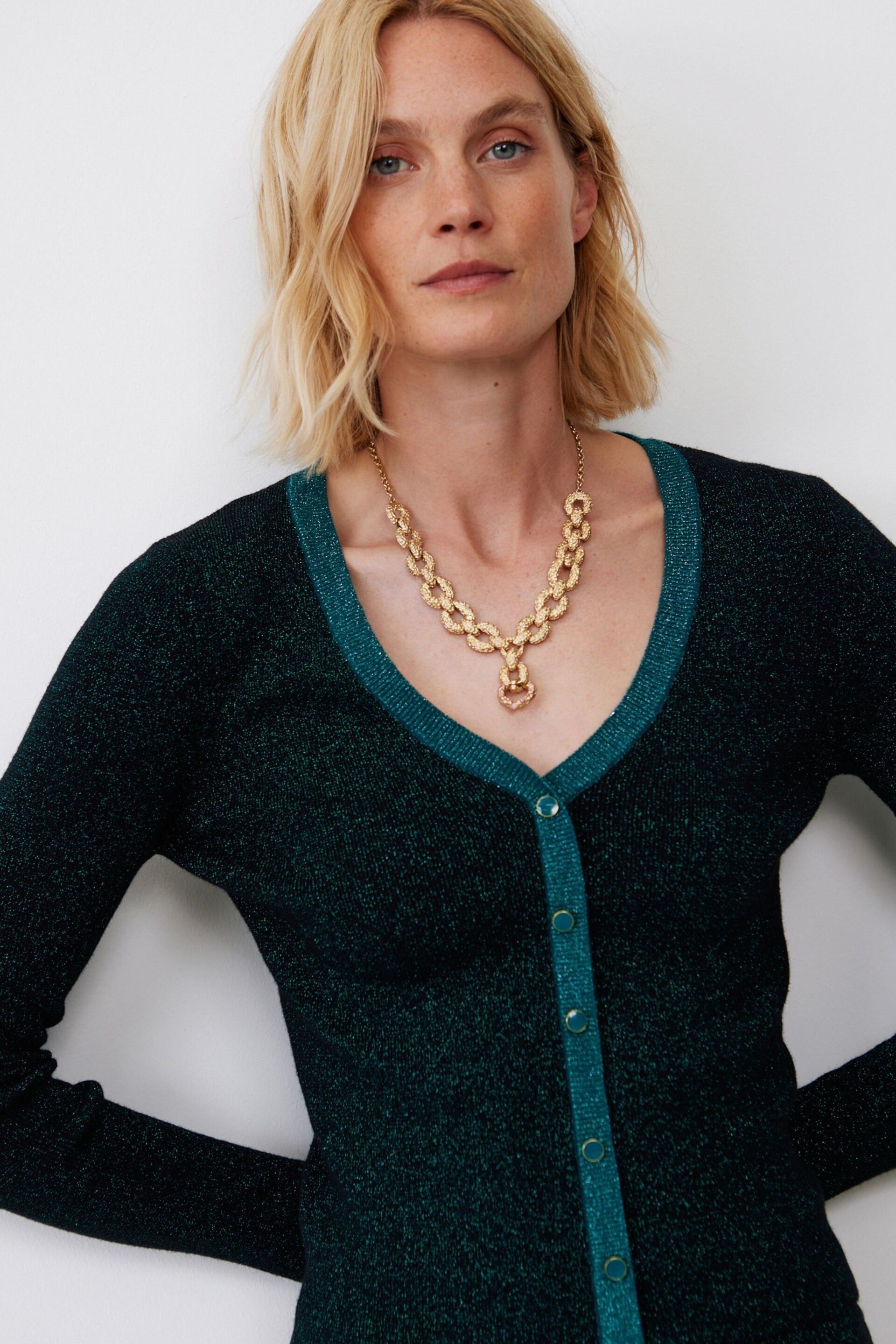 Oliver Bonas Green Sparkle Mirrorball Knitted Cardigan - Image 3 of 8