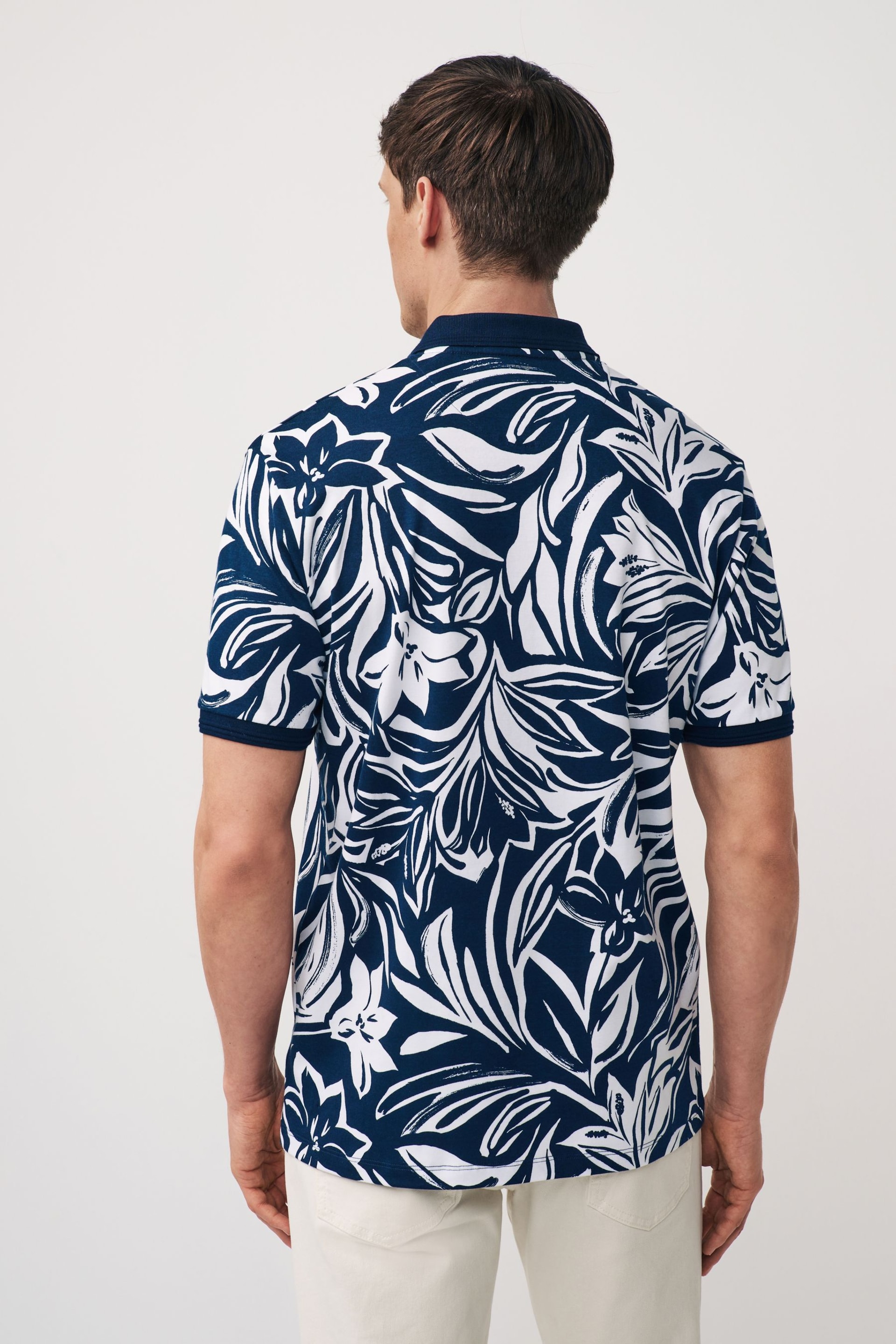 Navy Leaf Short Sleeve Print Polo Shirt - Image 3 of 7