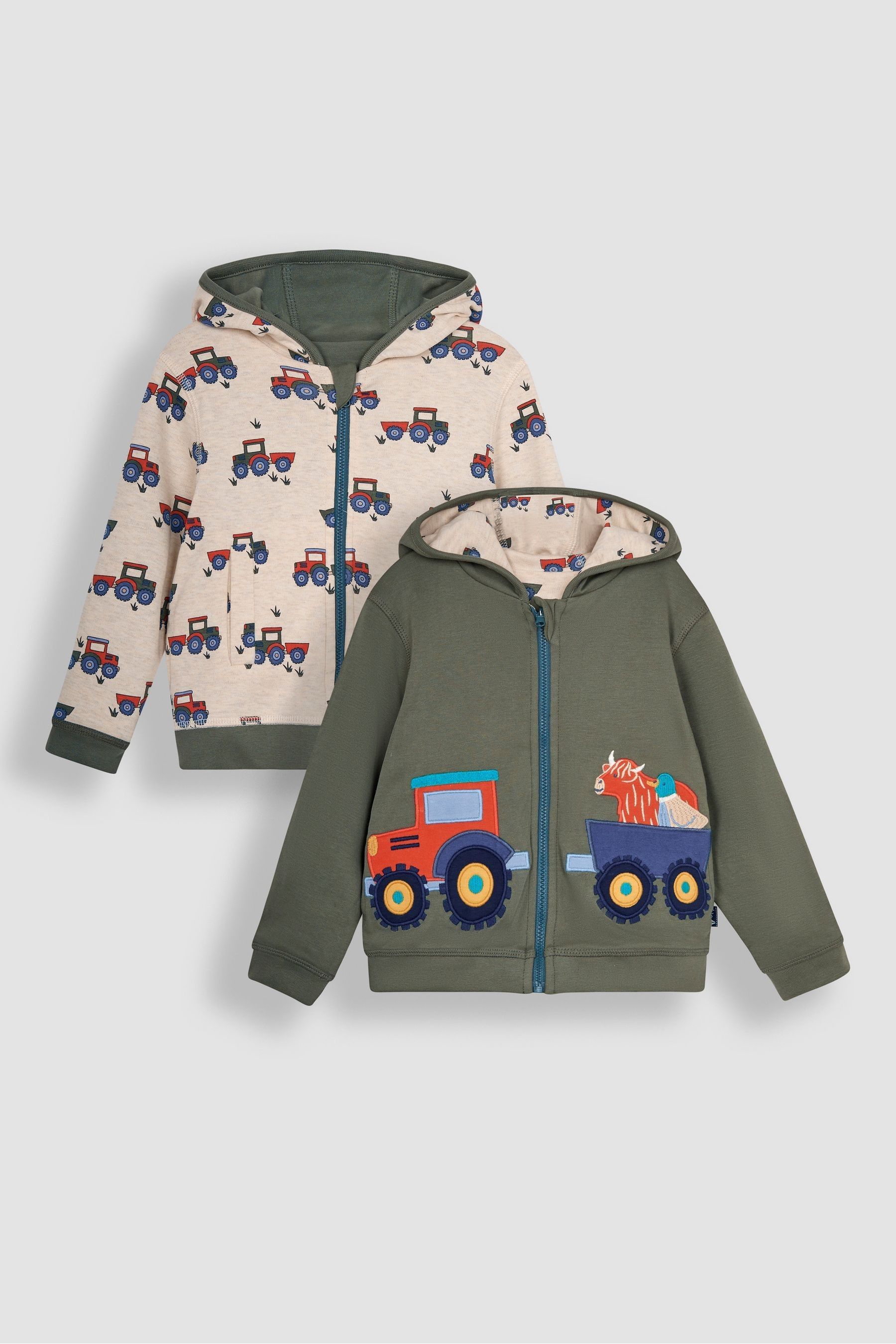 Buy JoJo Maman Bebe Khaki Green Tractor Applique Reversible Hoodie from Next Luxembourg