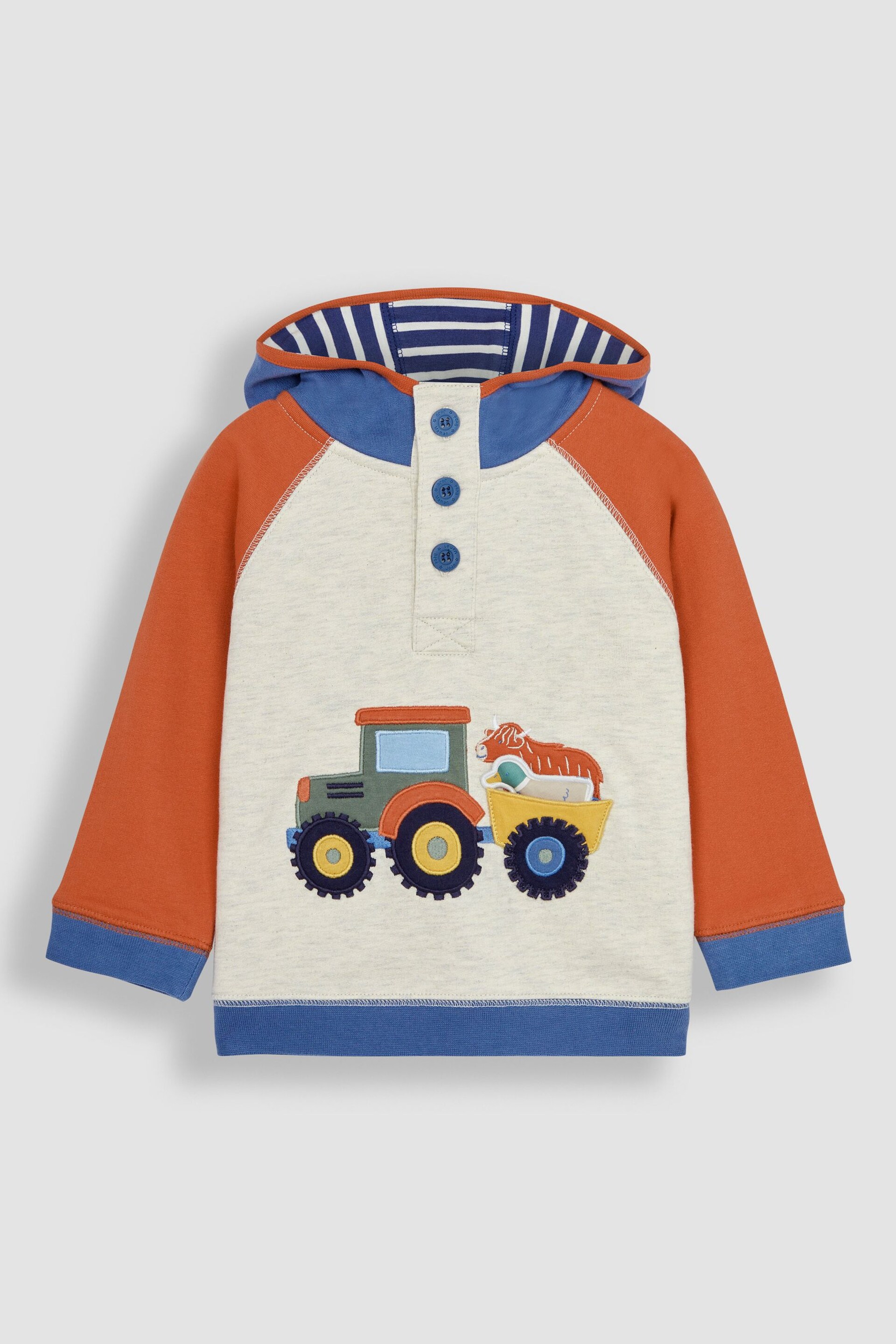 JoJo Maman Bébé Natural Tractor Appliqué Hooded Sweatshirt - Image 1 of 3