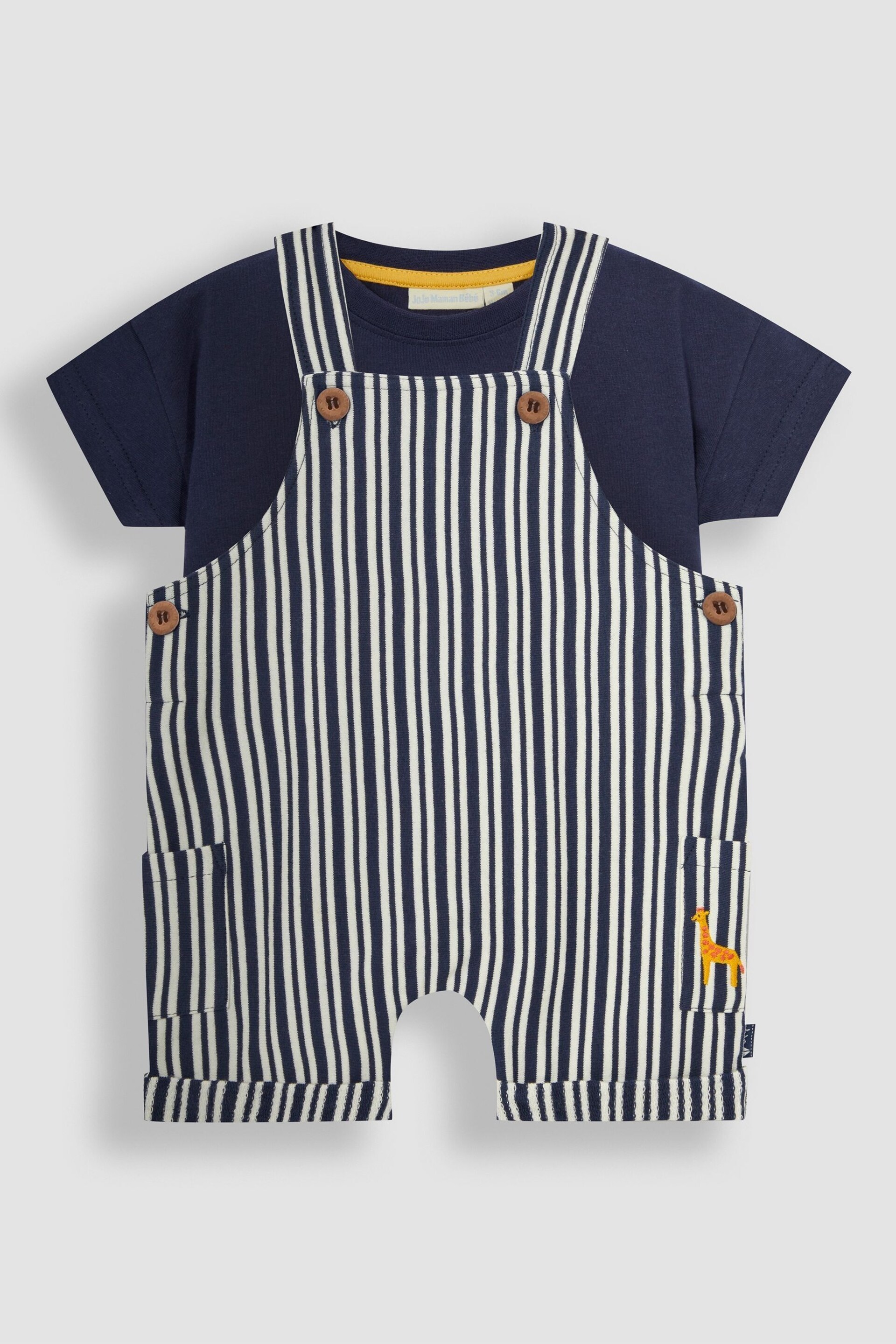 JoJo Maman Bébé Navy Blue Stripe Dungarees & T-Shirt 2-Piece Set - Image 1 of 5