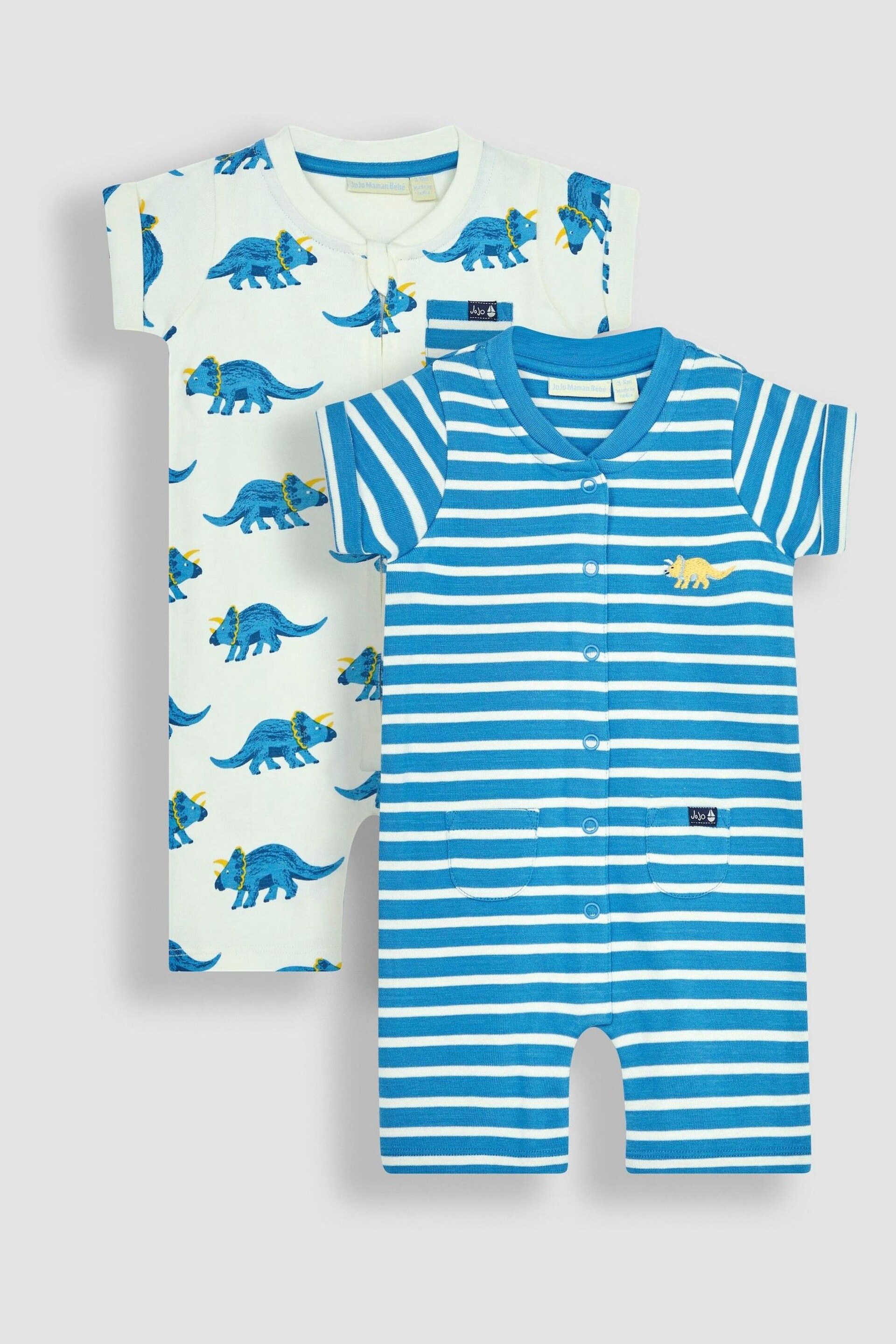 JoJo Maman Bébé Cobalt Blue Triceratops & Stripe 2-Pack Rompers - Image 1 of 6