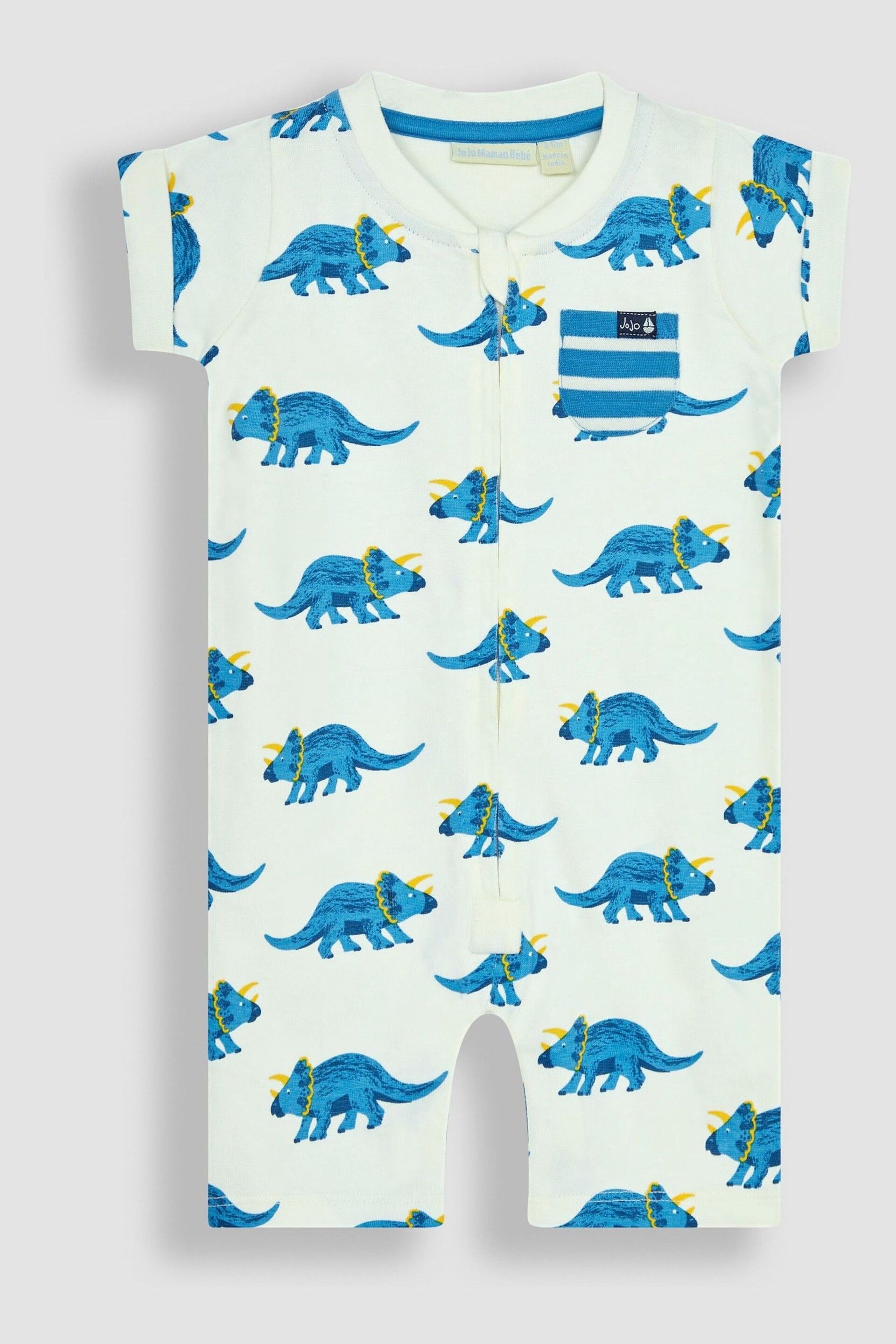 JoJo Maman Bébé Cobalt Blue Triceratops & Stripe 2-Pack Rompers - Image 2 of 6