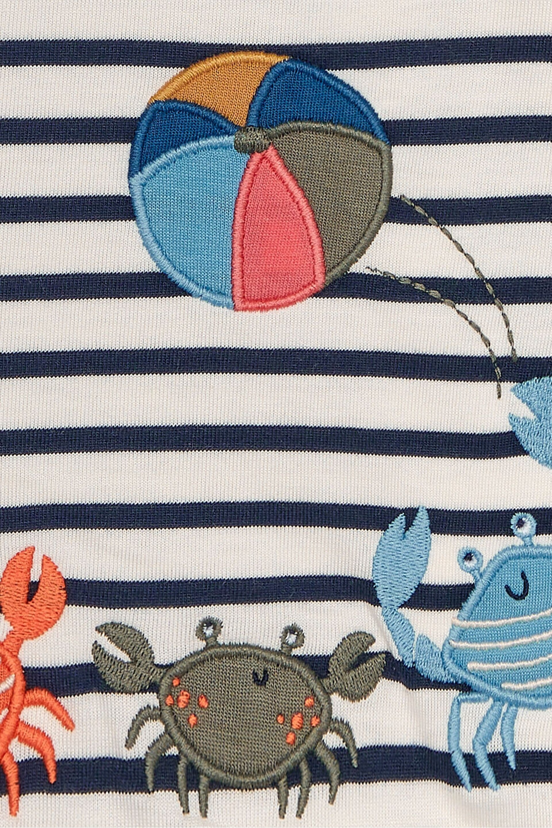 JoJo Maman Bébé Ecru Navy Stripe Crab Appliqué Border T-Shirt - Image 4 of 4