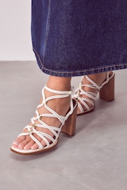 White Signature Leather Hardware Detail Block Heel Sandals - Image 3 of 10