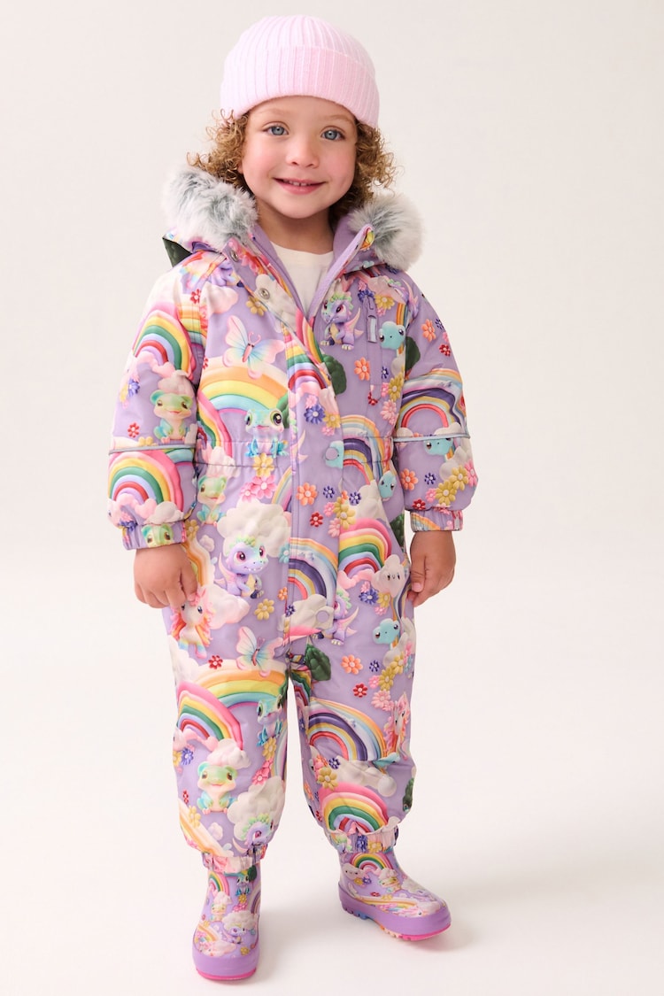 Unicornio morado - Waterproof Faux Fur Trim Printed Snowsuit (3mths-7yrs) - Imagen 1 de 11