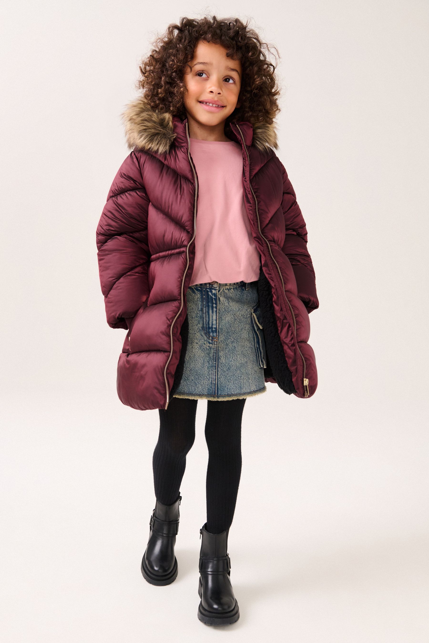 F&f faux fur trim shower resistant padded jacket top
