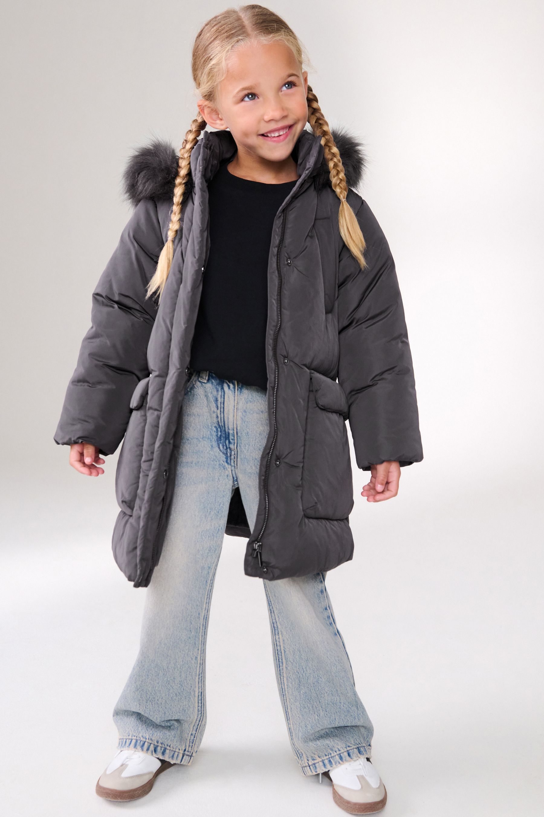 Grey padded coat fur hood deals